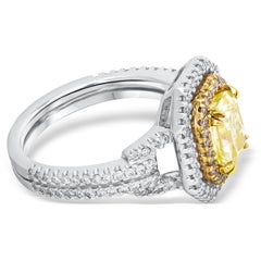 GIA Certified 1.50 Carats Radiant Cut Yellow Diamond Double Halo Engagement Ring