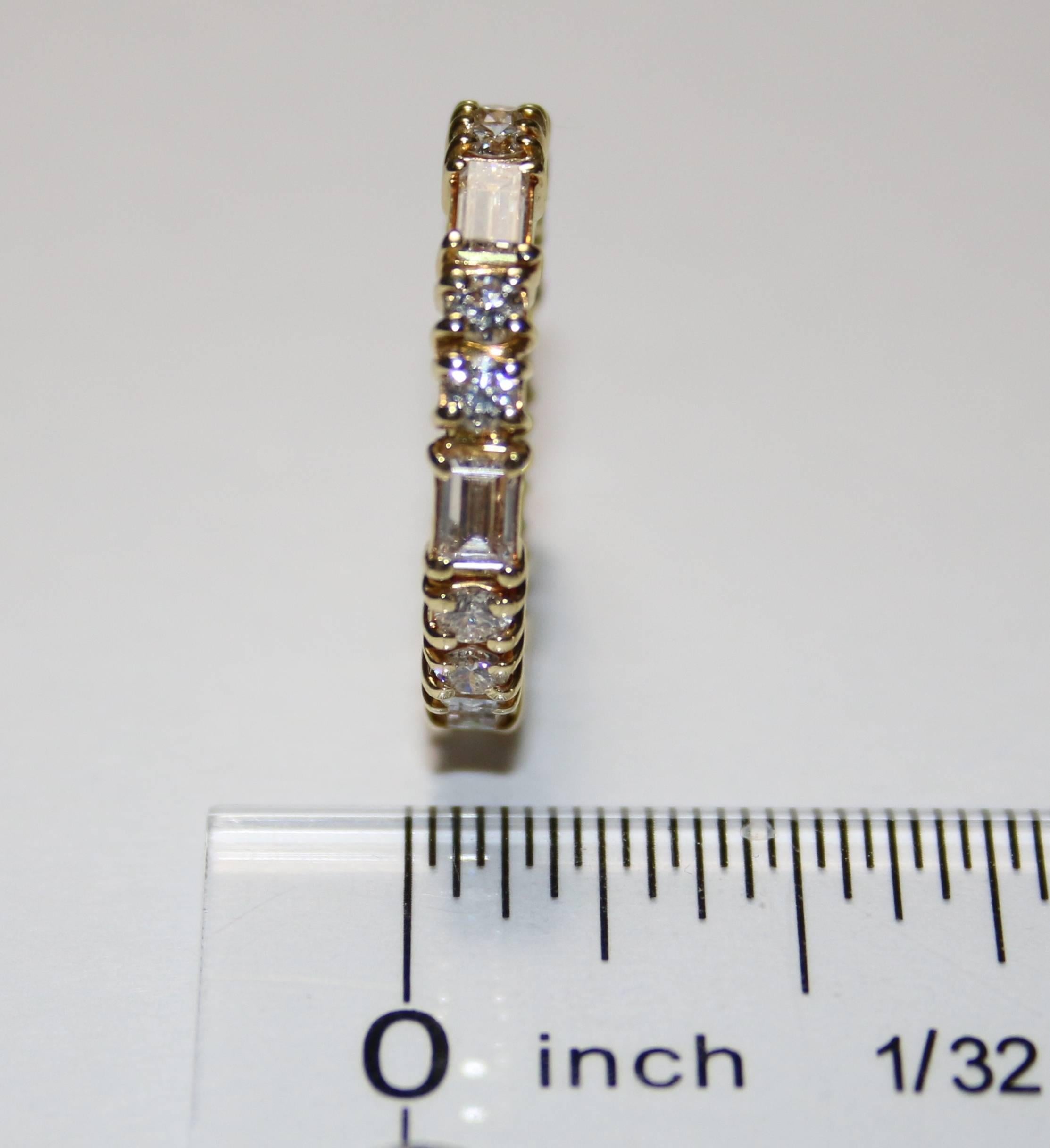 1.50 Carat Round and Baguette Diamond Gold Eternity Band Ring For Sale 1