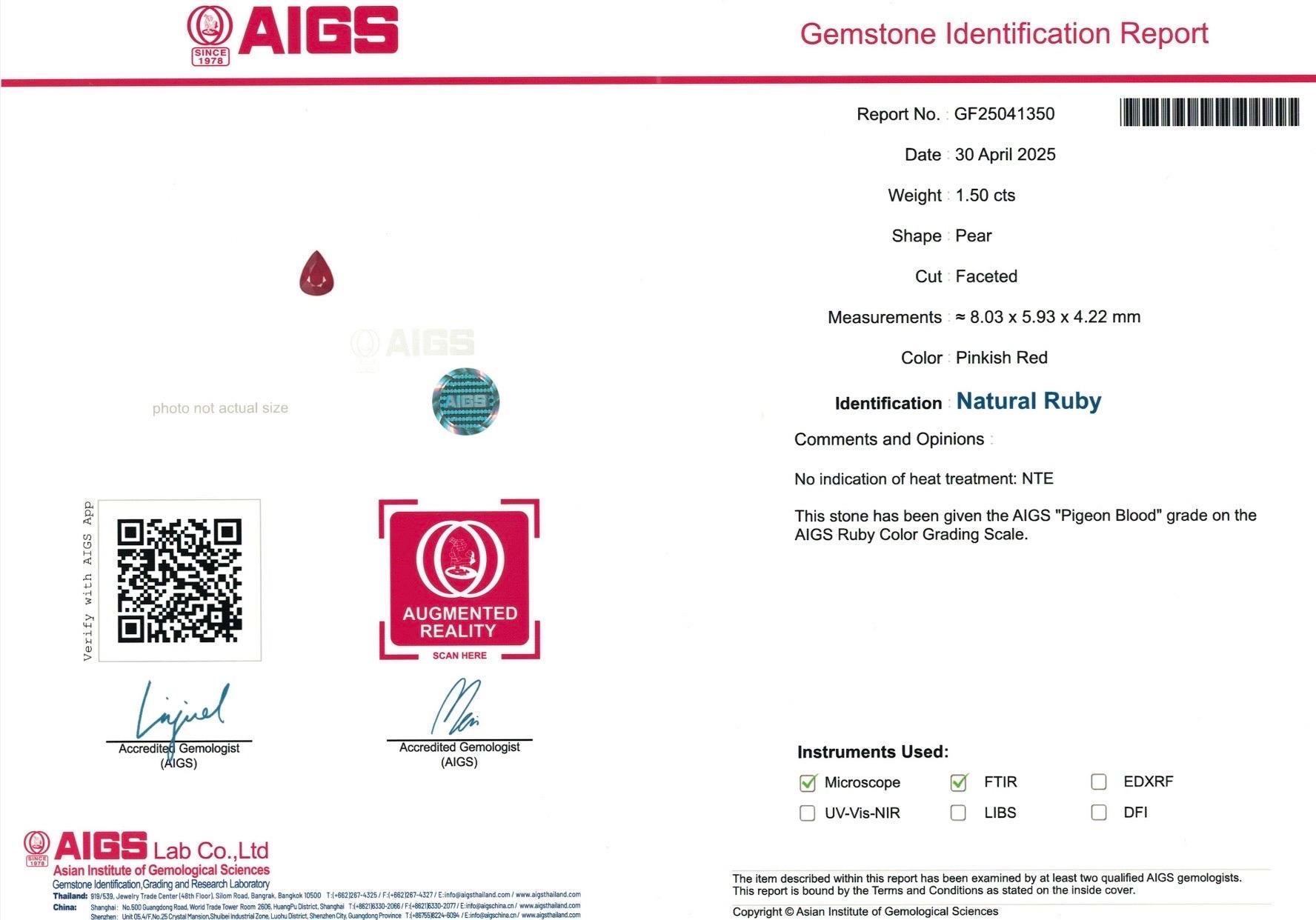 1,50 Ct Certificato AIGS Rubino Naturale Non Riscaldato colore sangue di piccione occhi puliti in vendita 3
