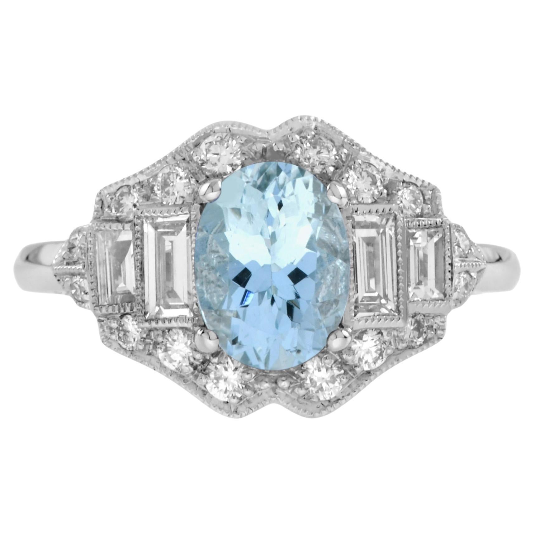 1.50 Ct. Aquamarine and Diamond Art Deco Style Engagement Ring in 18K Gold