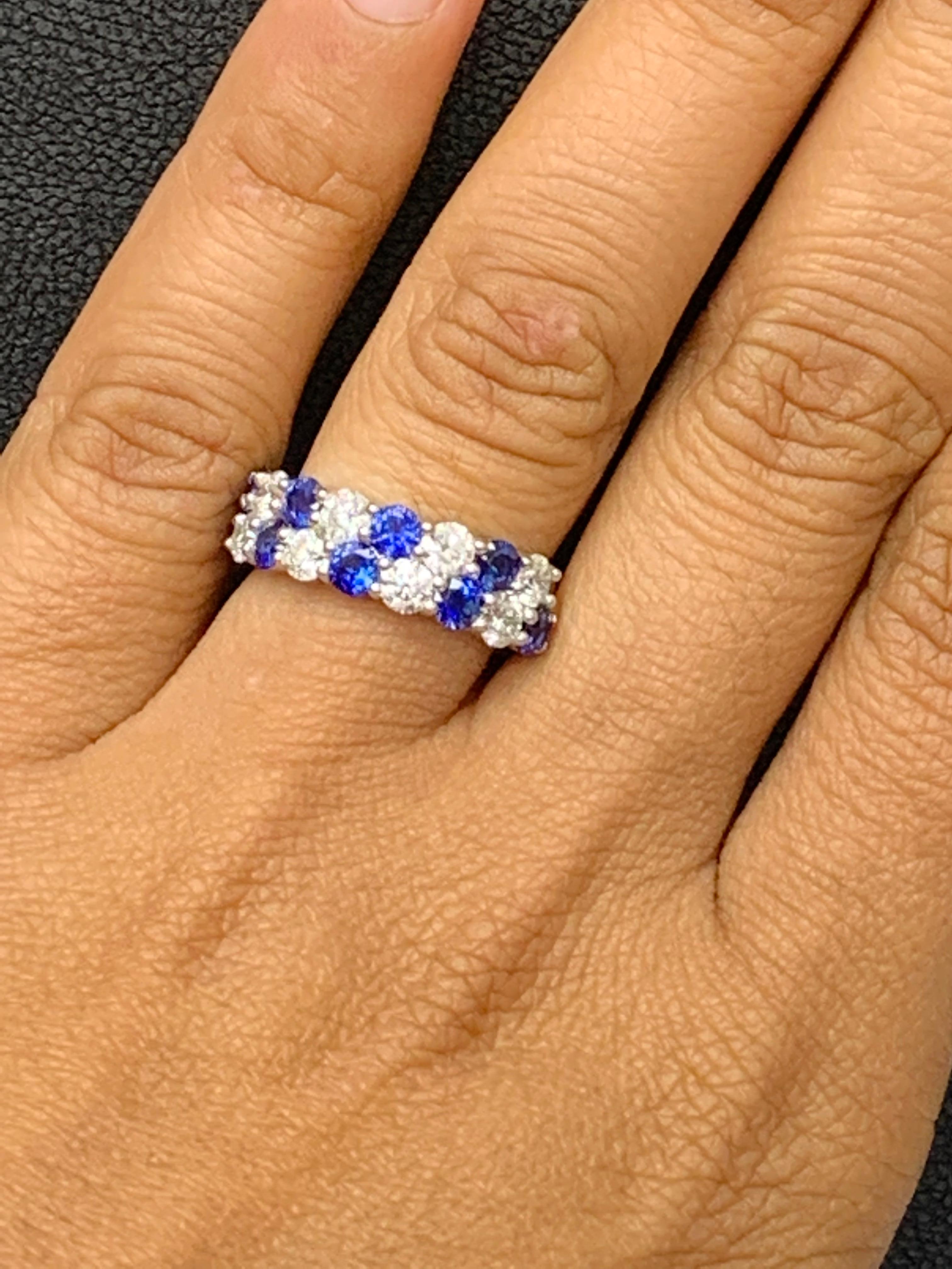 1.50 Ct Blue Sapphire and Diamond Double Row ZicZac Band Ring 14K White Gold For Sale 3