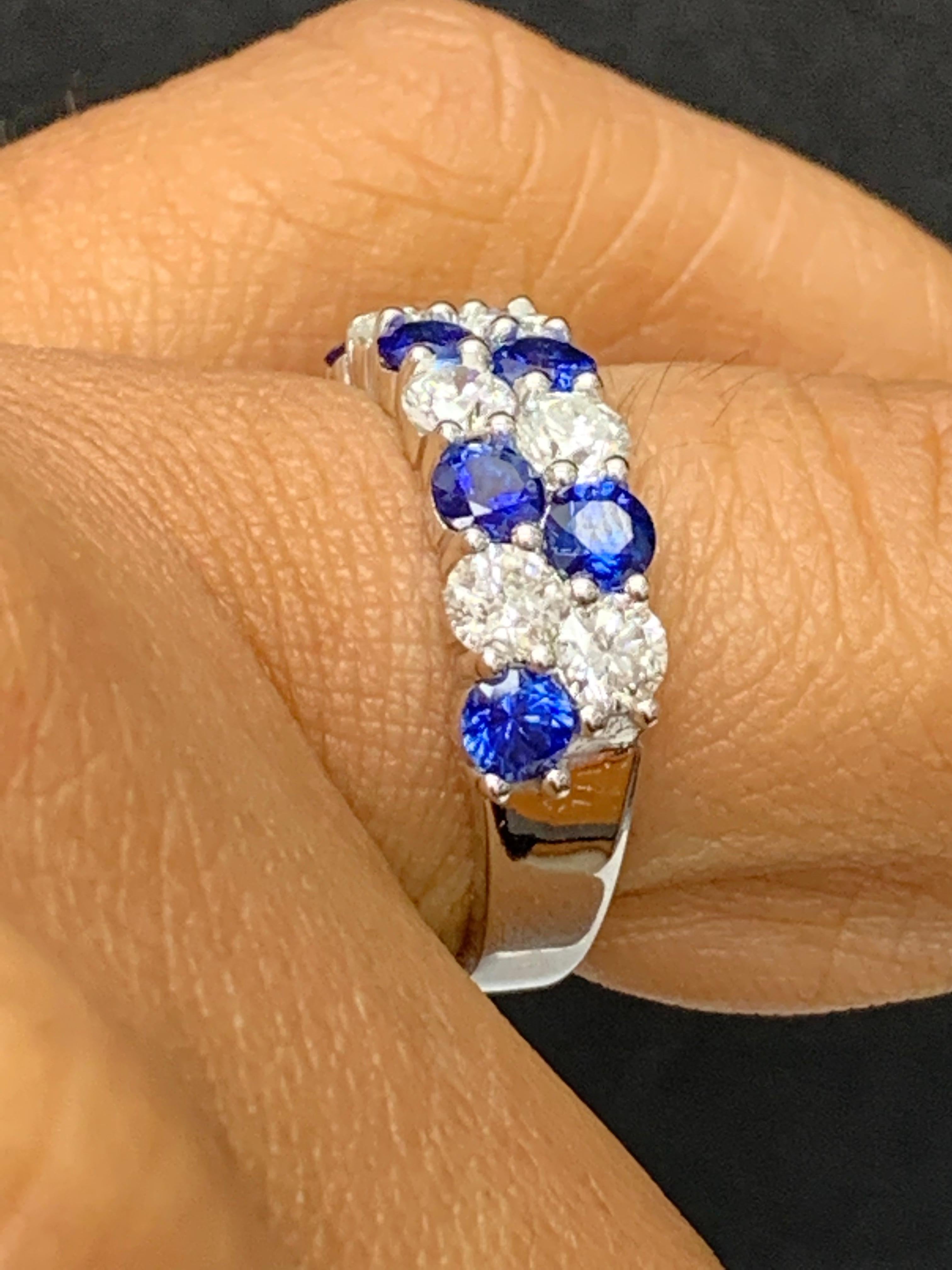 1.50 Ct Blue Sapphire and Diamond Double Row ZicZac Band Ring 14K White Gold For Sale 4