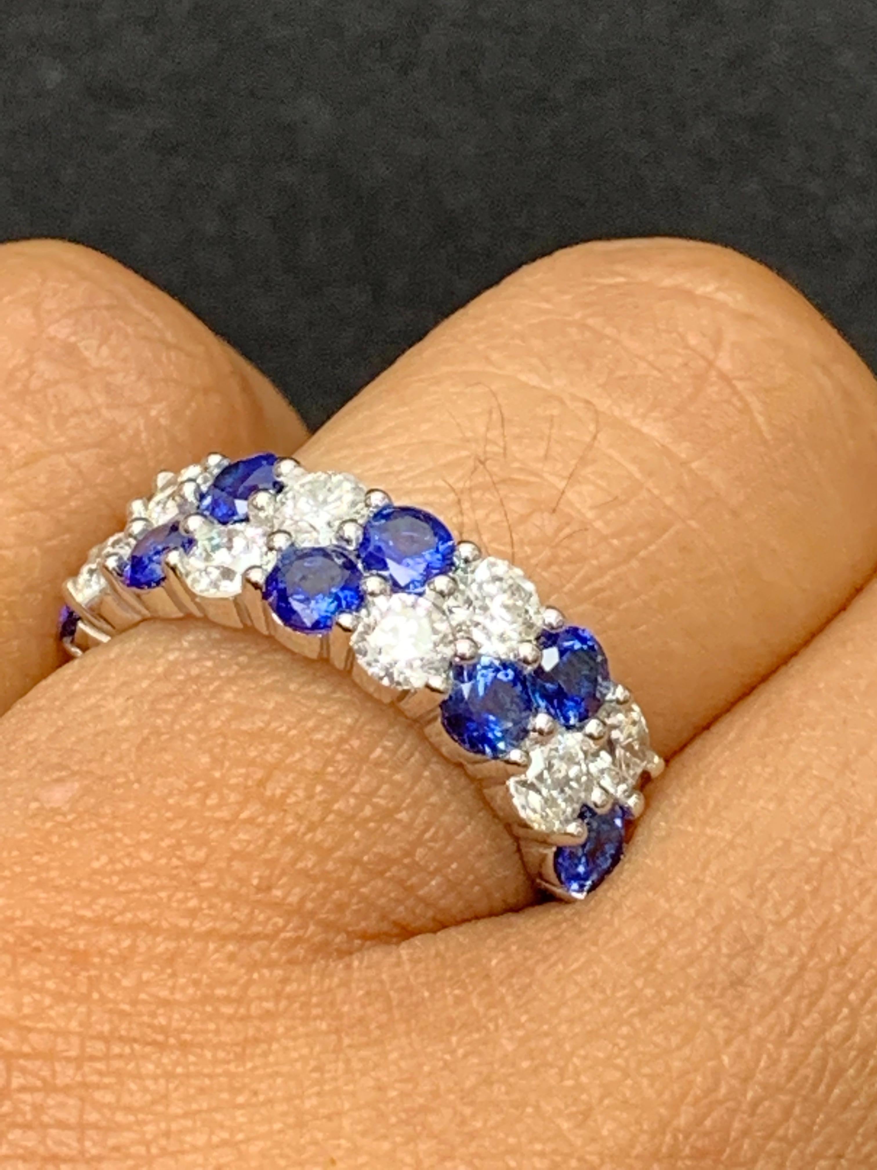 1.50 Ct Blue Sapphire and Diamond Double Row ZicZac Band Ring 14K White Gold For Sale 5