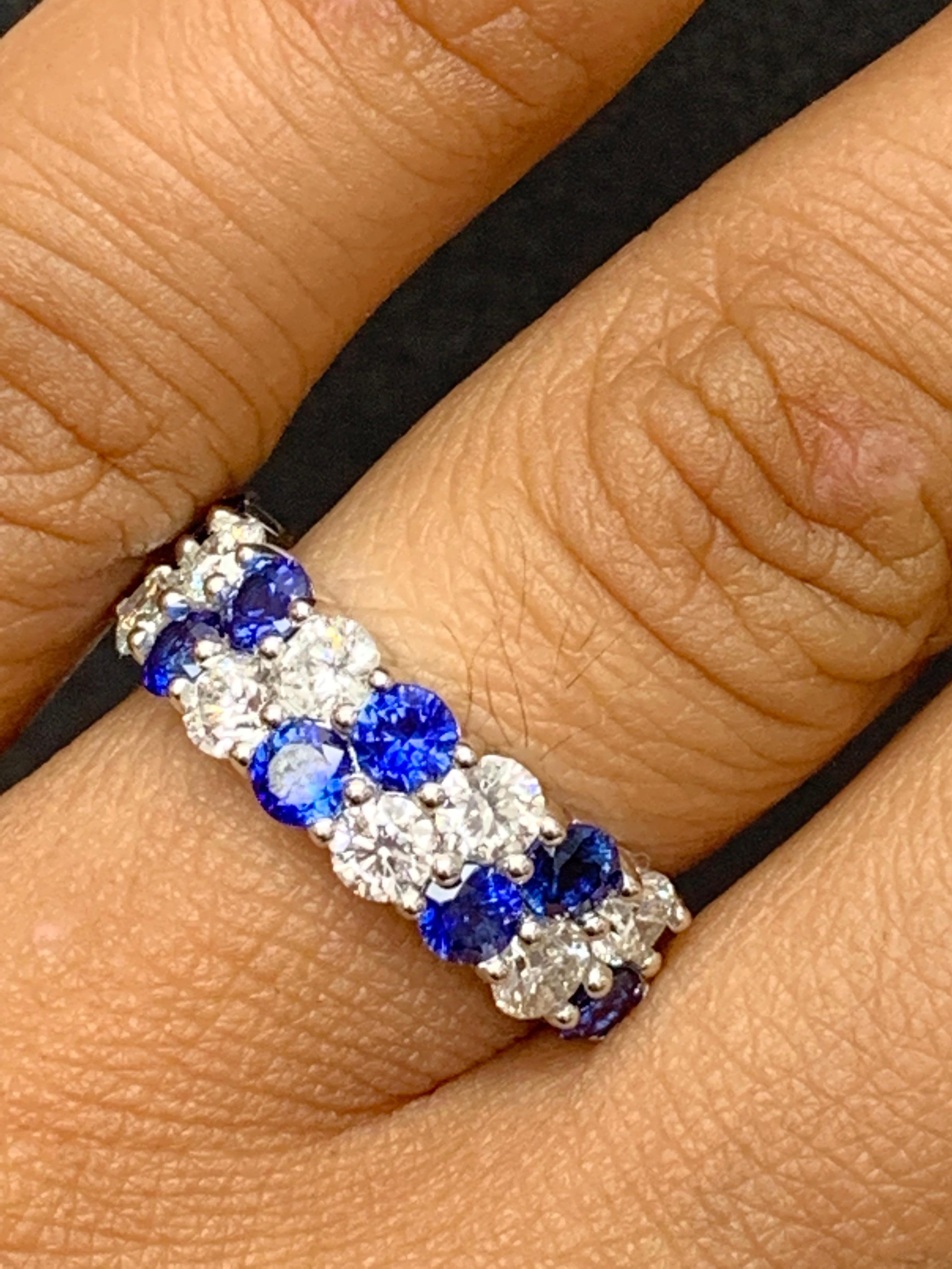 1.50 Ct Blue Sapphire and Diamond Double Row ZicZac Band Ring 14K White Gold For Sale 6