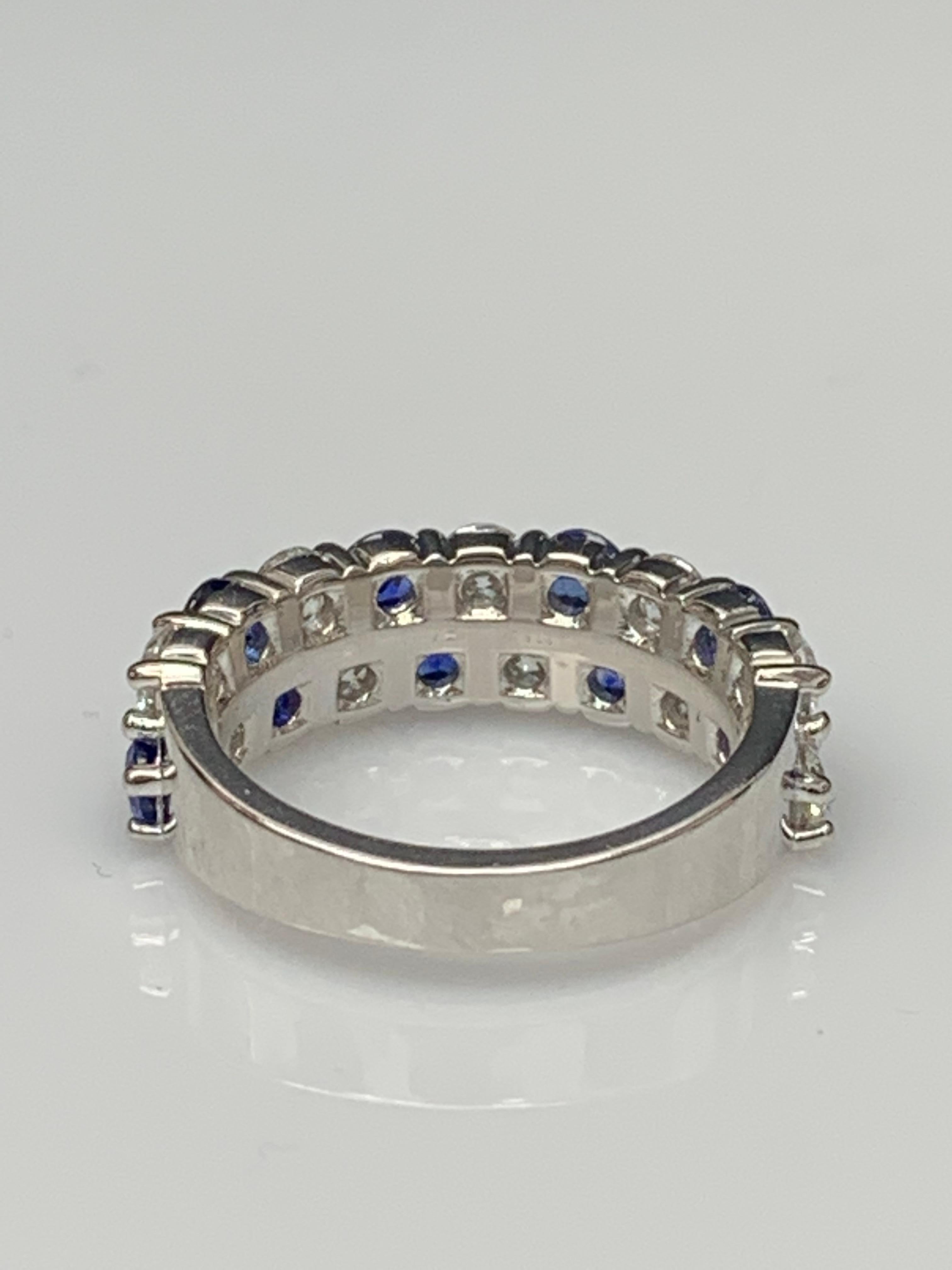Modern 1.50 Ct Blue Sapphire and Diamond Double Row ZicZac Band Ring 14K White Gold For Sale
