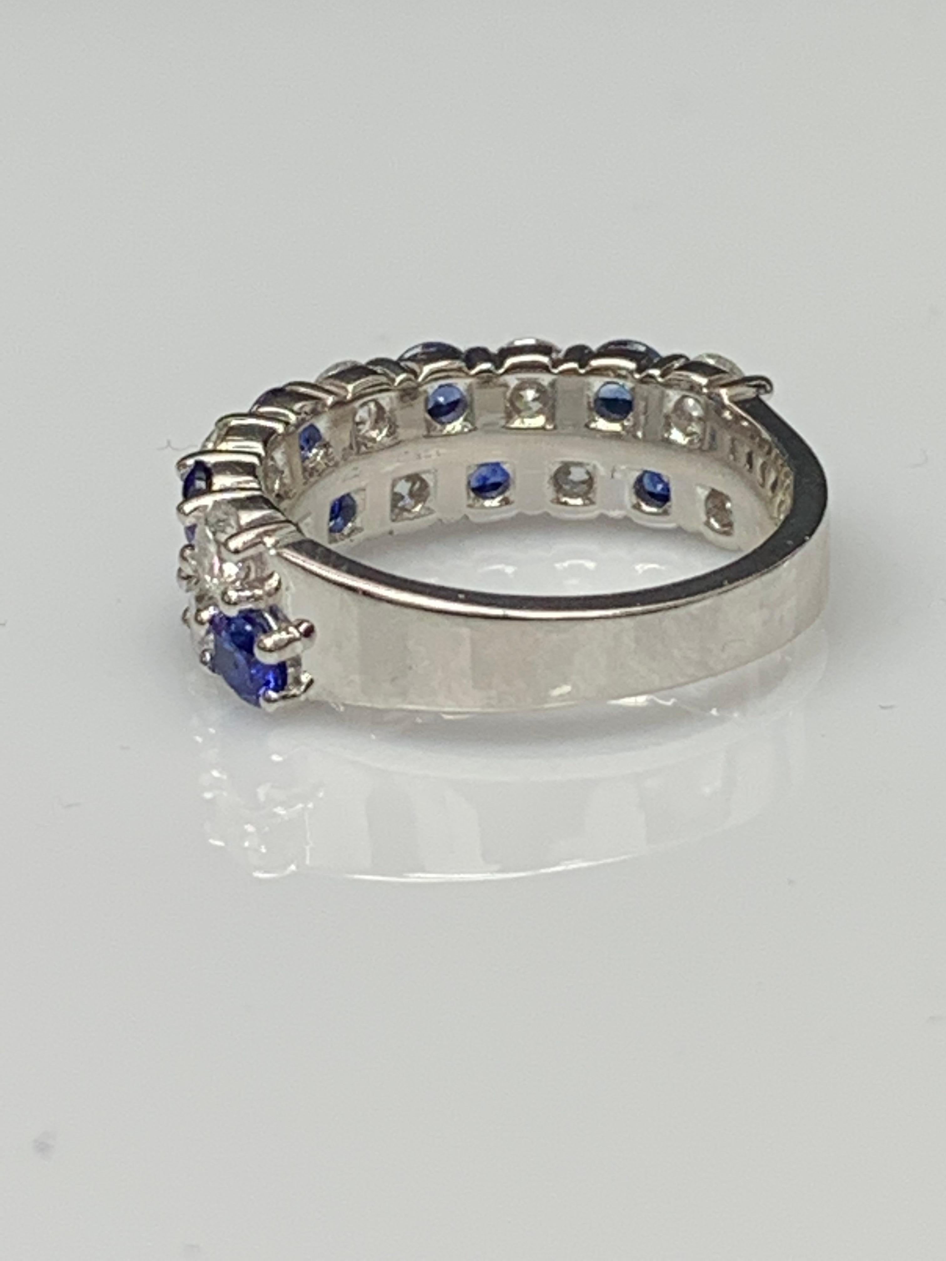 Round Cut 1.50 Ct Blue Sapphire and Diamond Double Row ZicZac Band Ring 14K White Gold For Sale