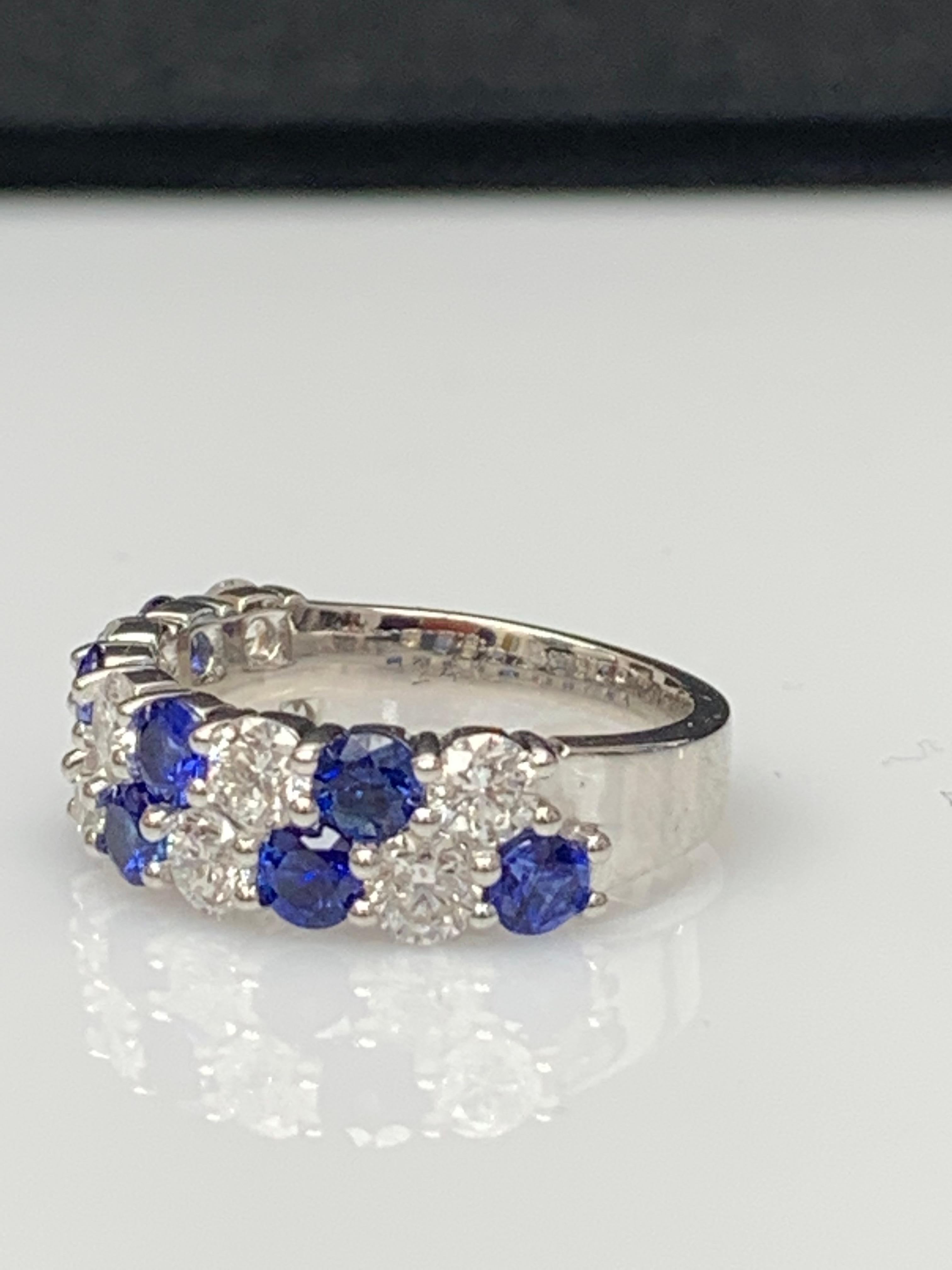 1.50 Ct Blue Sapphire and Diamond Double Row ZicZac Band Ring 14K White Gold In New Condition For Sale In NEW YORK, NY