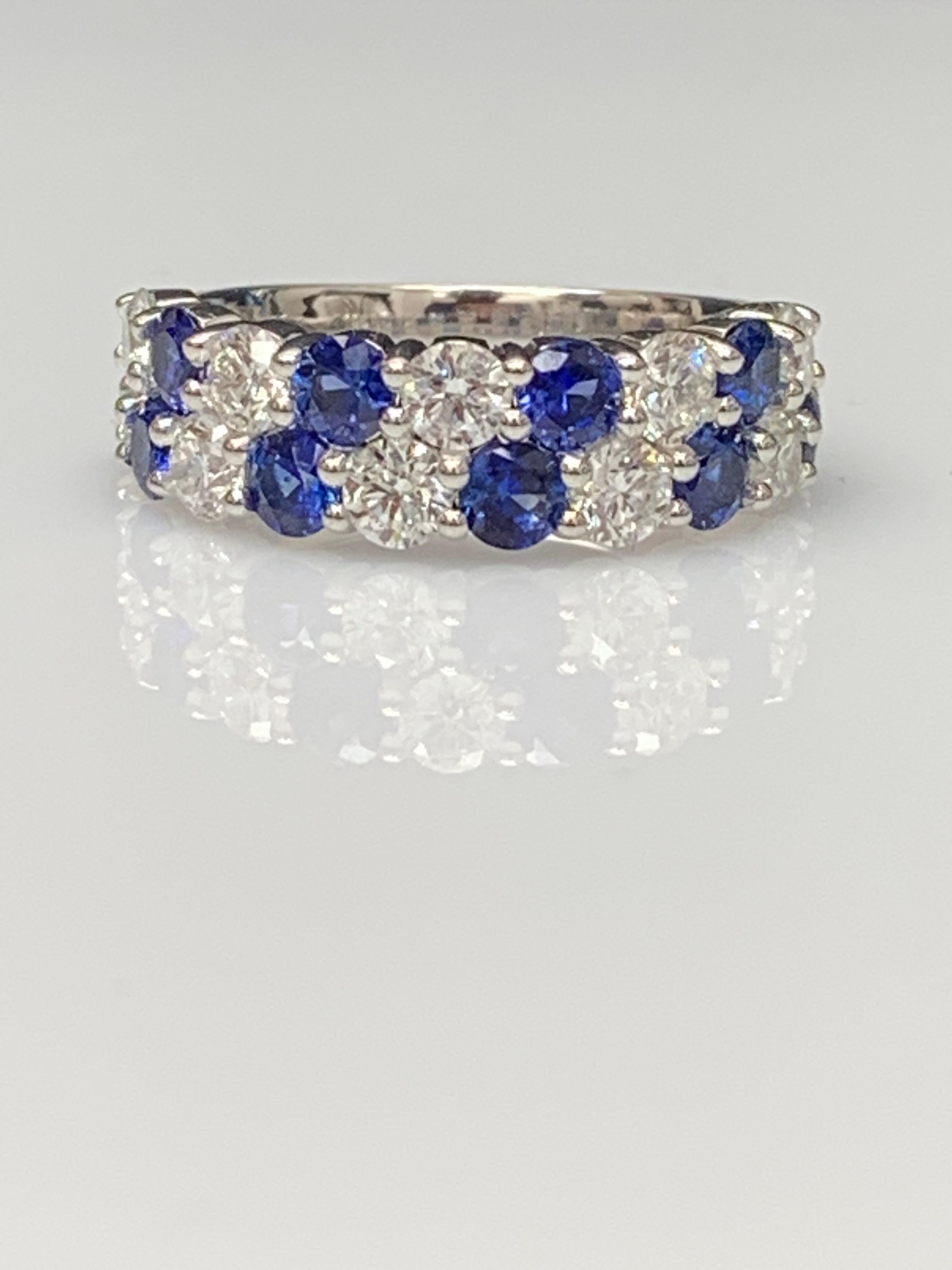 Women's 1.50 Ct Blue Sapphire and Diamond Double Row ZicZac Band Ring 14K White Gold For Sale