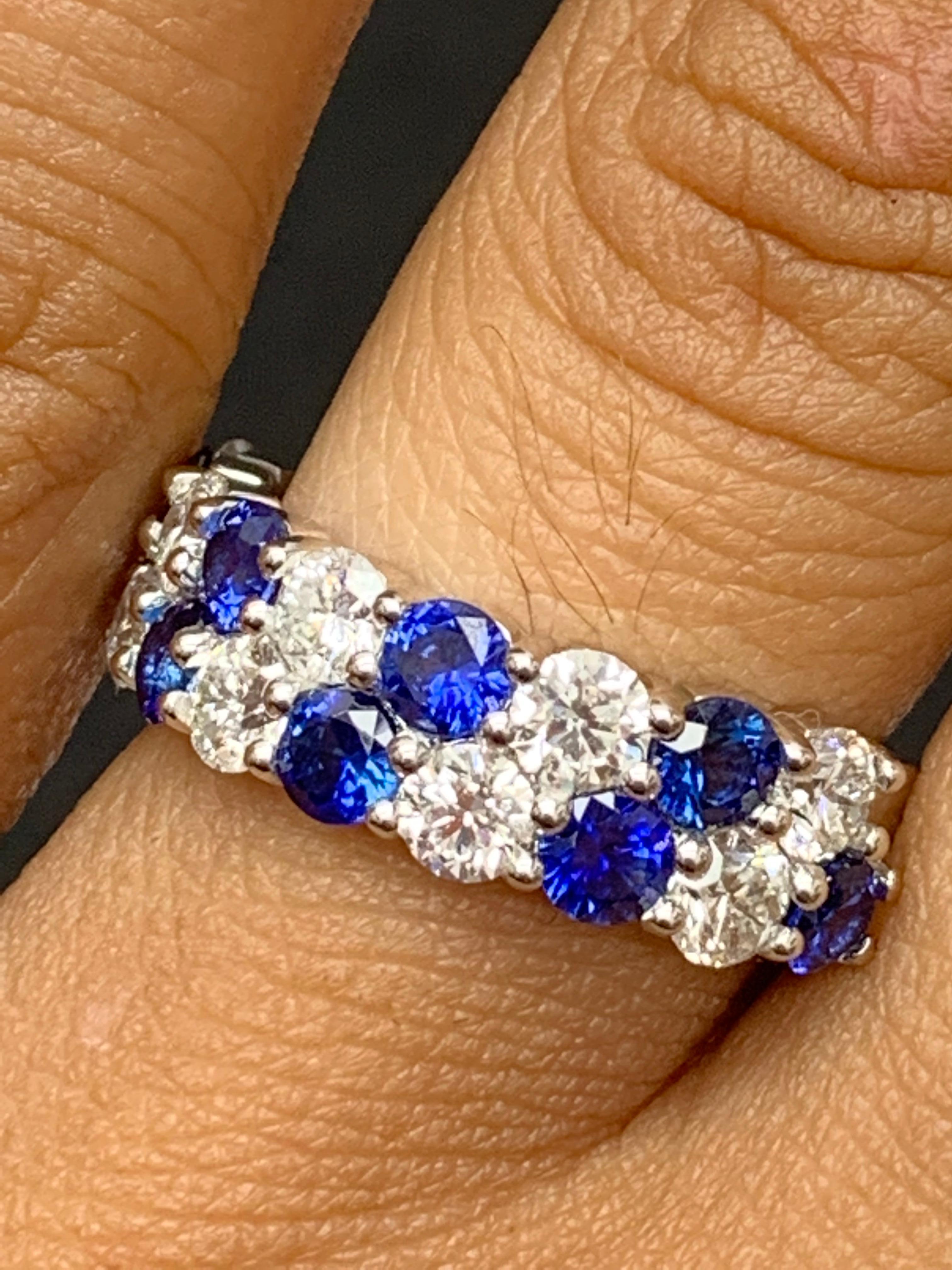 1.50 Ct Blue Sapphire and Diamond Double Row ZicZac Band Ring 14K White Gold For Sale 1