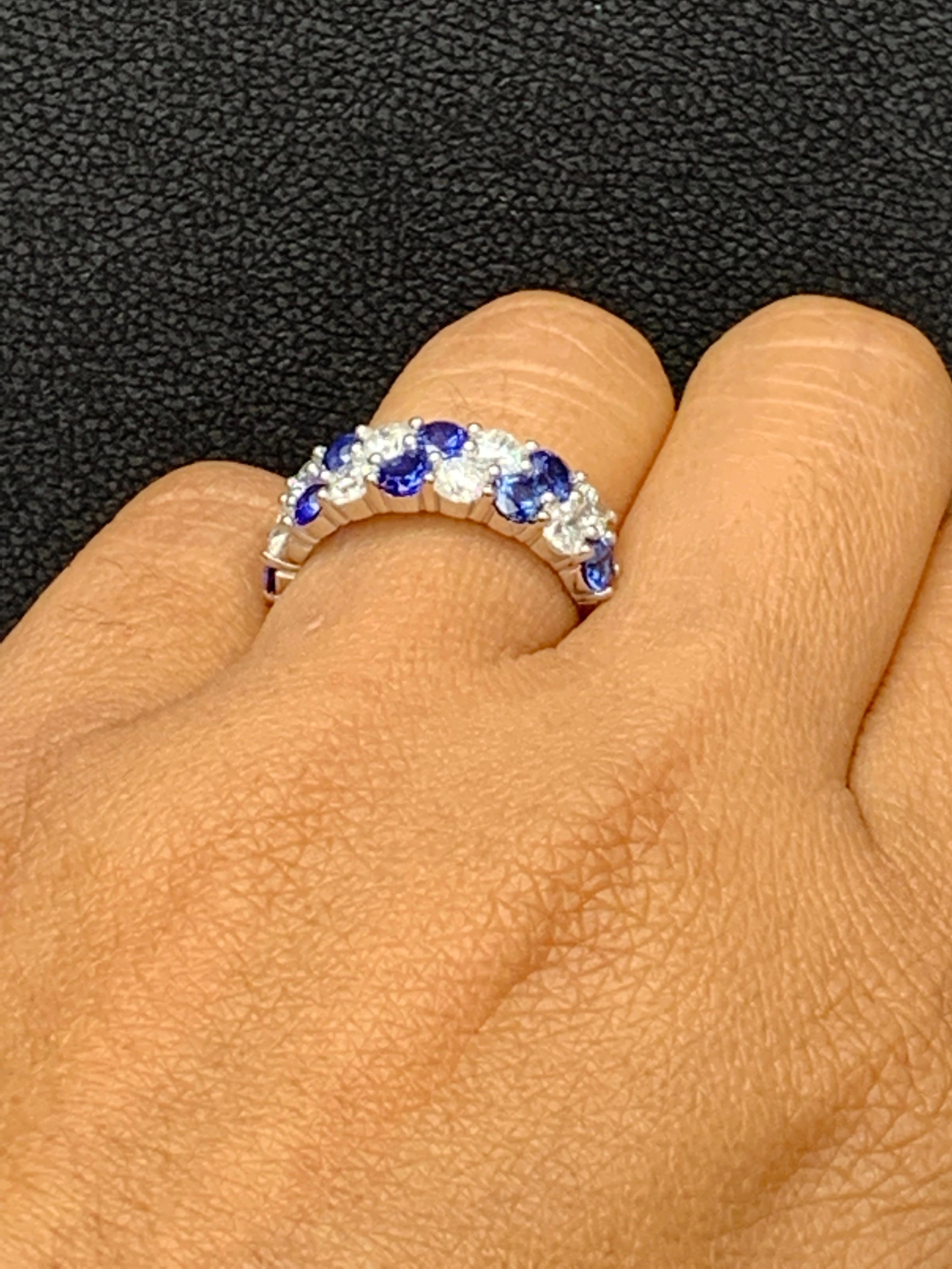 1.50 Ct Blue Sapphire and Diamond Double Row ZicZac Band Ring 14K White Gold For Sale 2