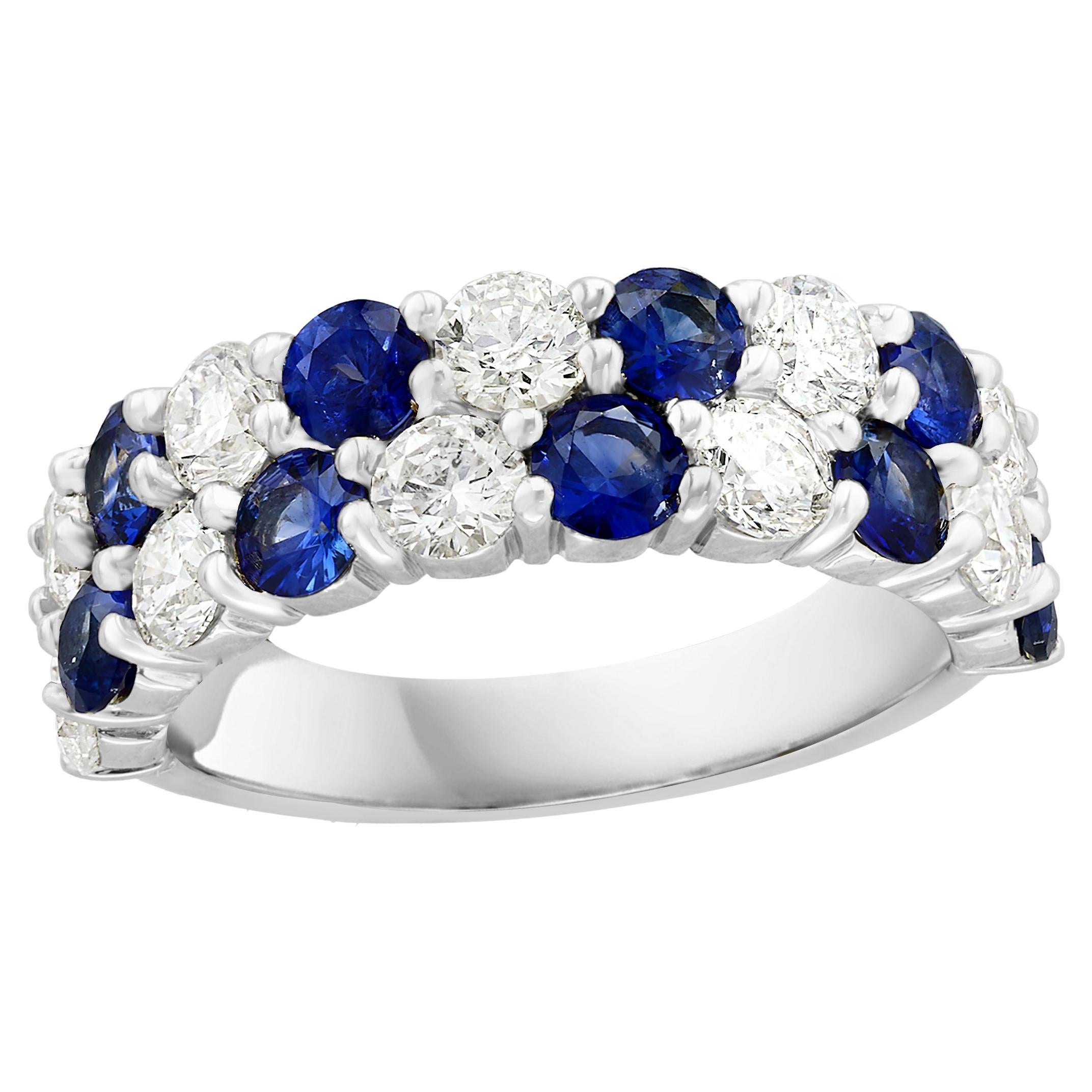 1.50 Ct Blue Sapphire and Diamond Double Row ZicZac Band Ring 14K White Gold For Sale