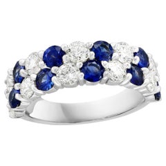 1.50 Ct Blue Sapphire and Diamond Double Row ZicZac Band Ring 14K White Gold