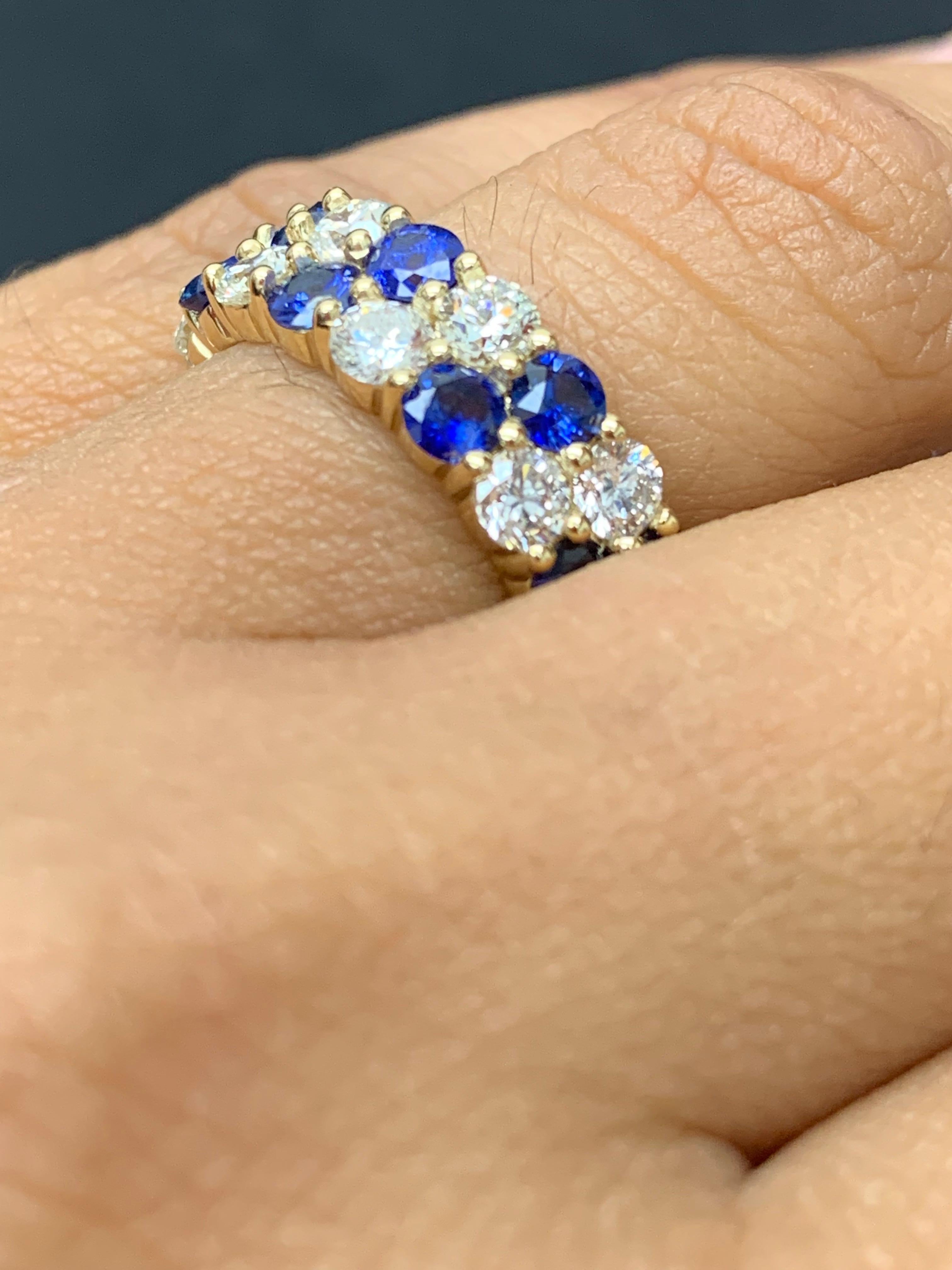 1.50 Ct Blue Sapphire and Diamond Double Row ZicZac Band Ring 14K Yellow Gold For Sale 2