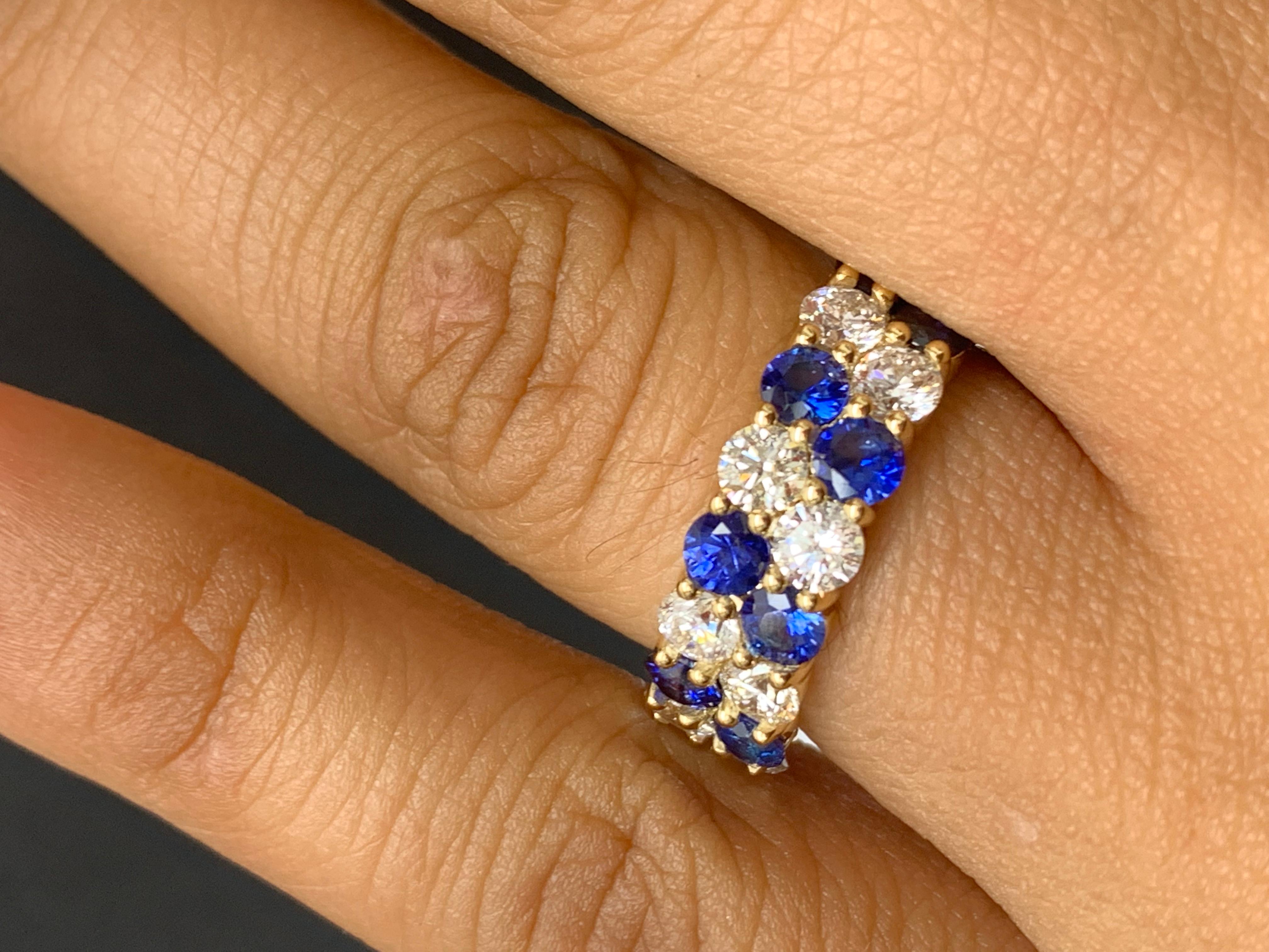 1.50 Ct Blue Sapphire and Diamond Double Row ZicZac Band Ring 14K Yellow Gold For Sale 3
