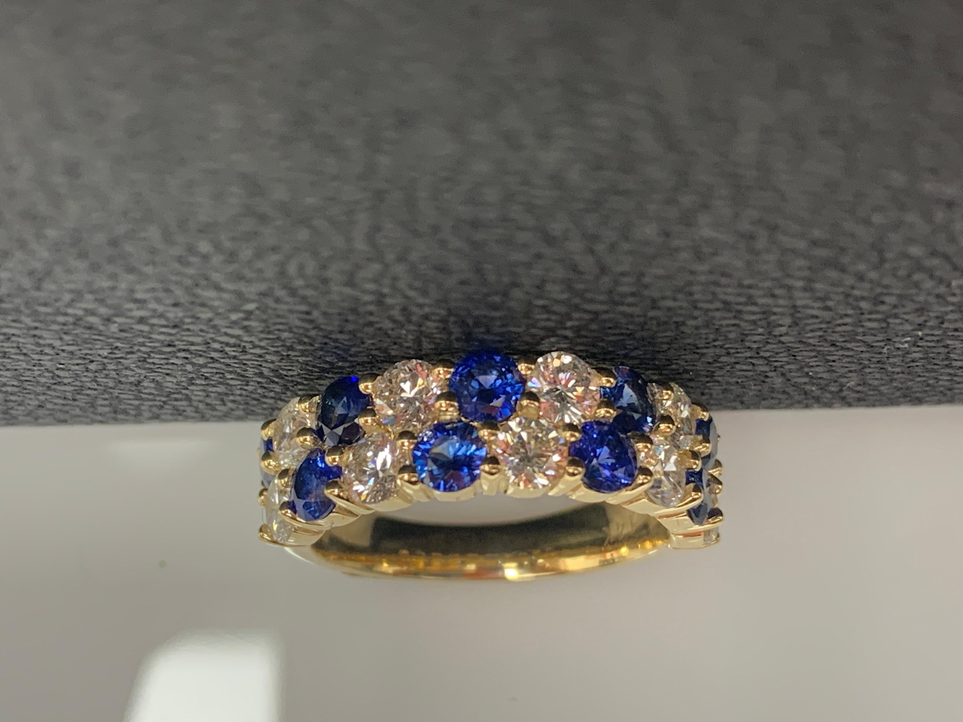 1.50 Ct Blue Sapphire and Diamond Double Row ZicZac Band Ring 14K Yellow Gold For Sale 4