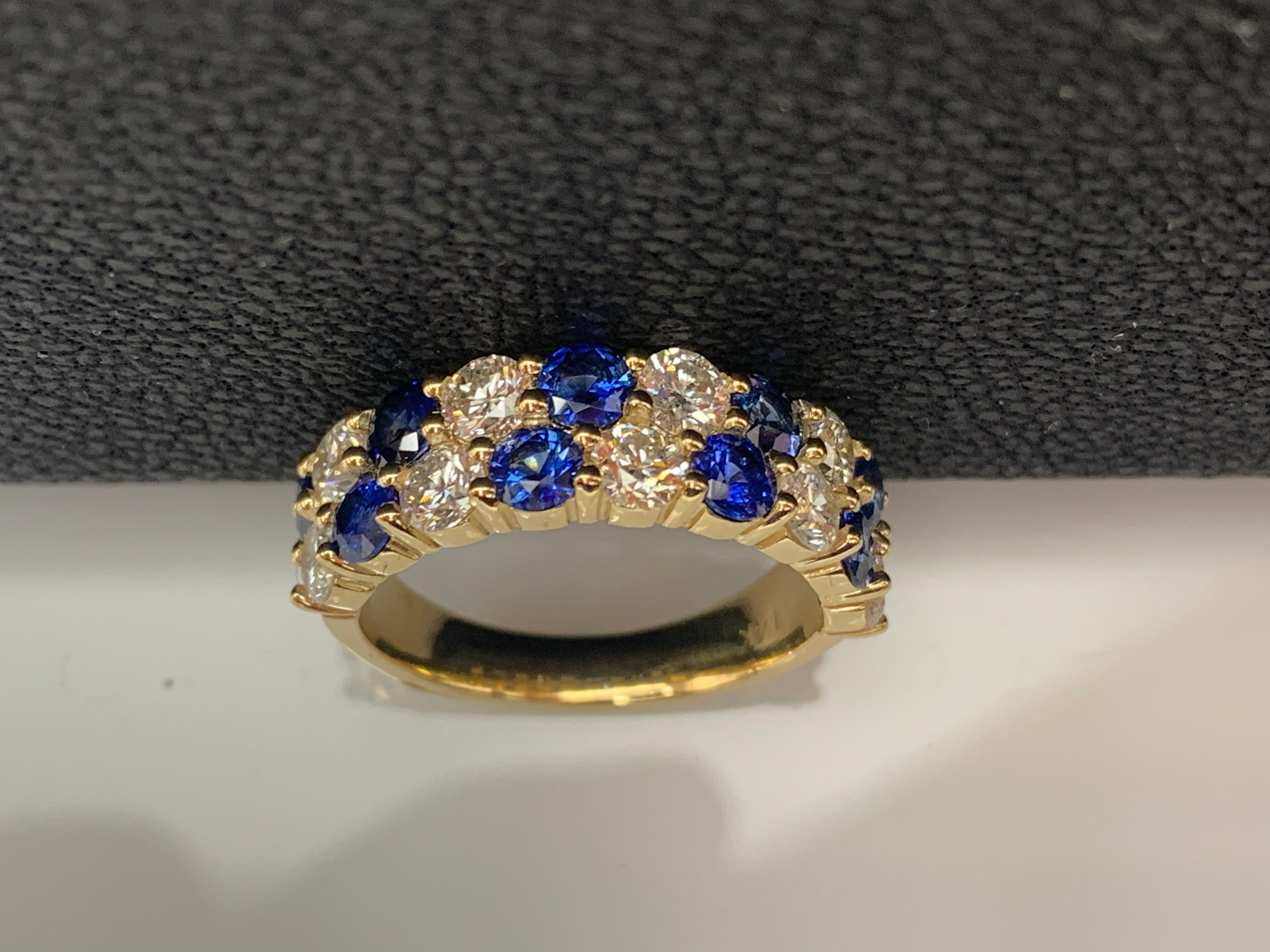 1.50 Ct Blue Sapphire and Diamond Double Row ZicZac Band Ring 14K Yellow Gold For Sale 5
