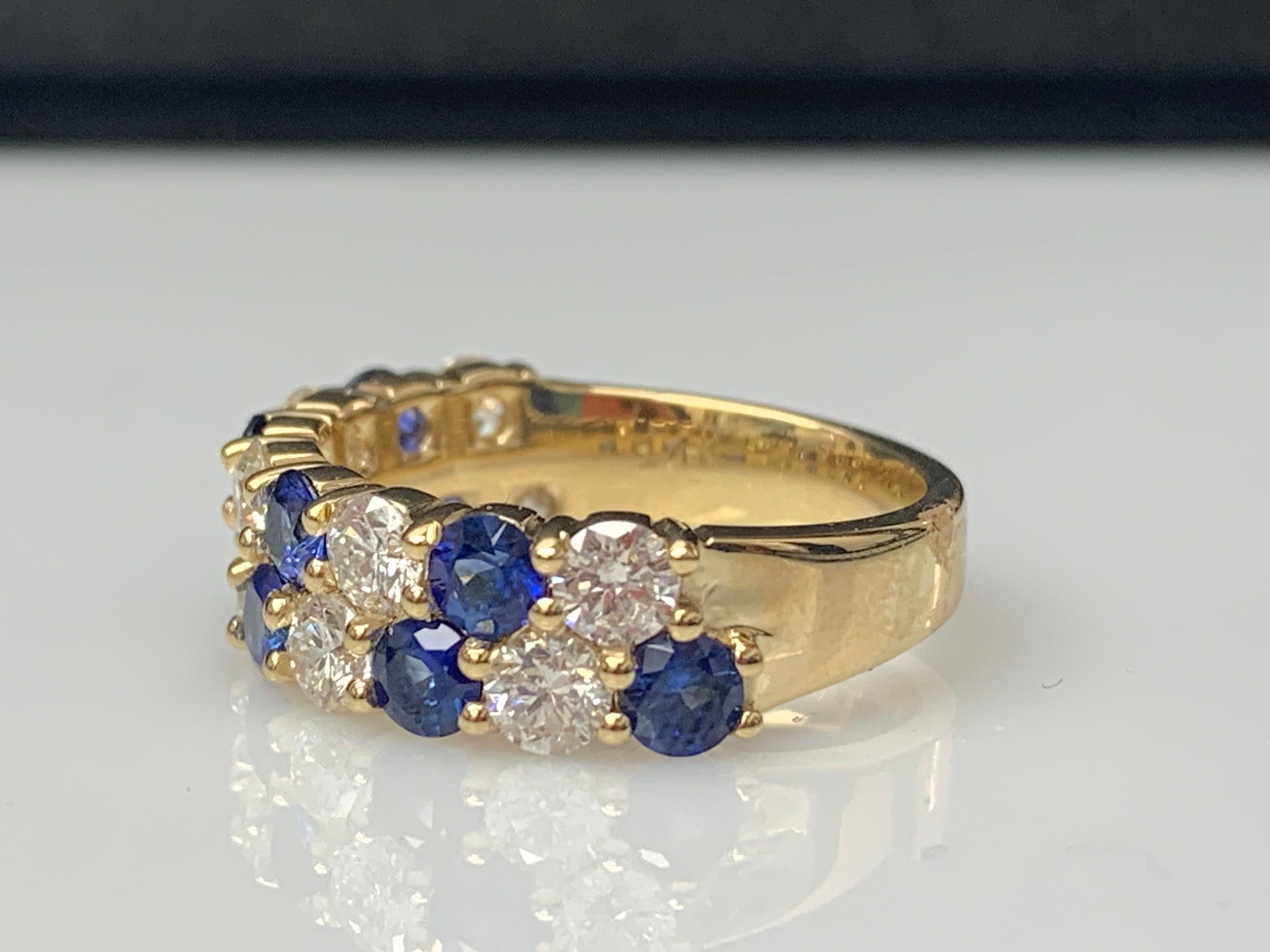 1.50 Ct Blue Sapphire and Diamond Double Row ZicZac Band Ring 14K Yellow Gold For Sale 8