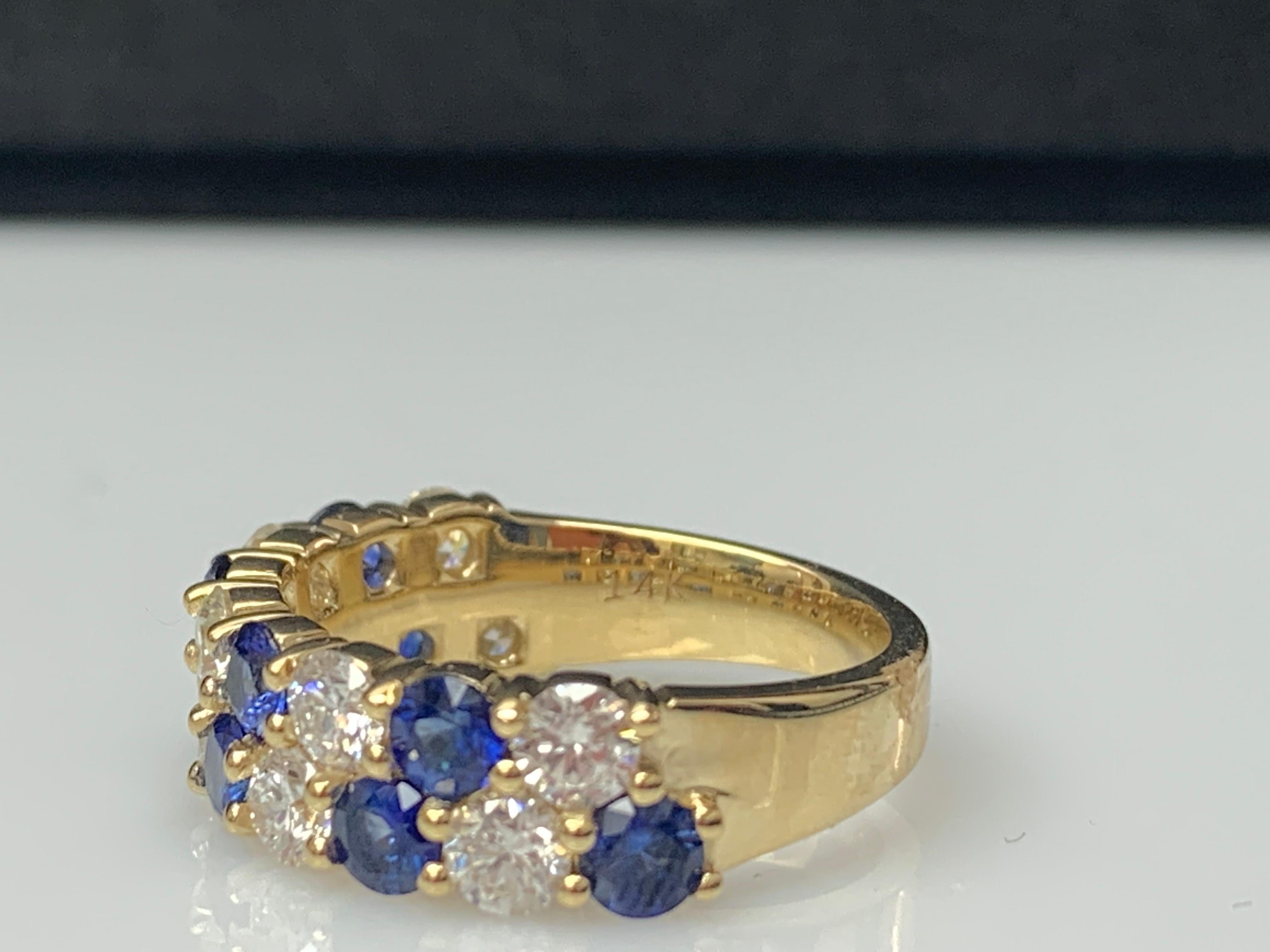 1.50 Ct Blue Sapphire and Diamond Double Row ZicZac Band Ring 14K Yellow Gold For Sale 9
