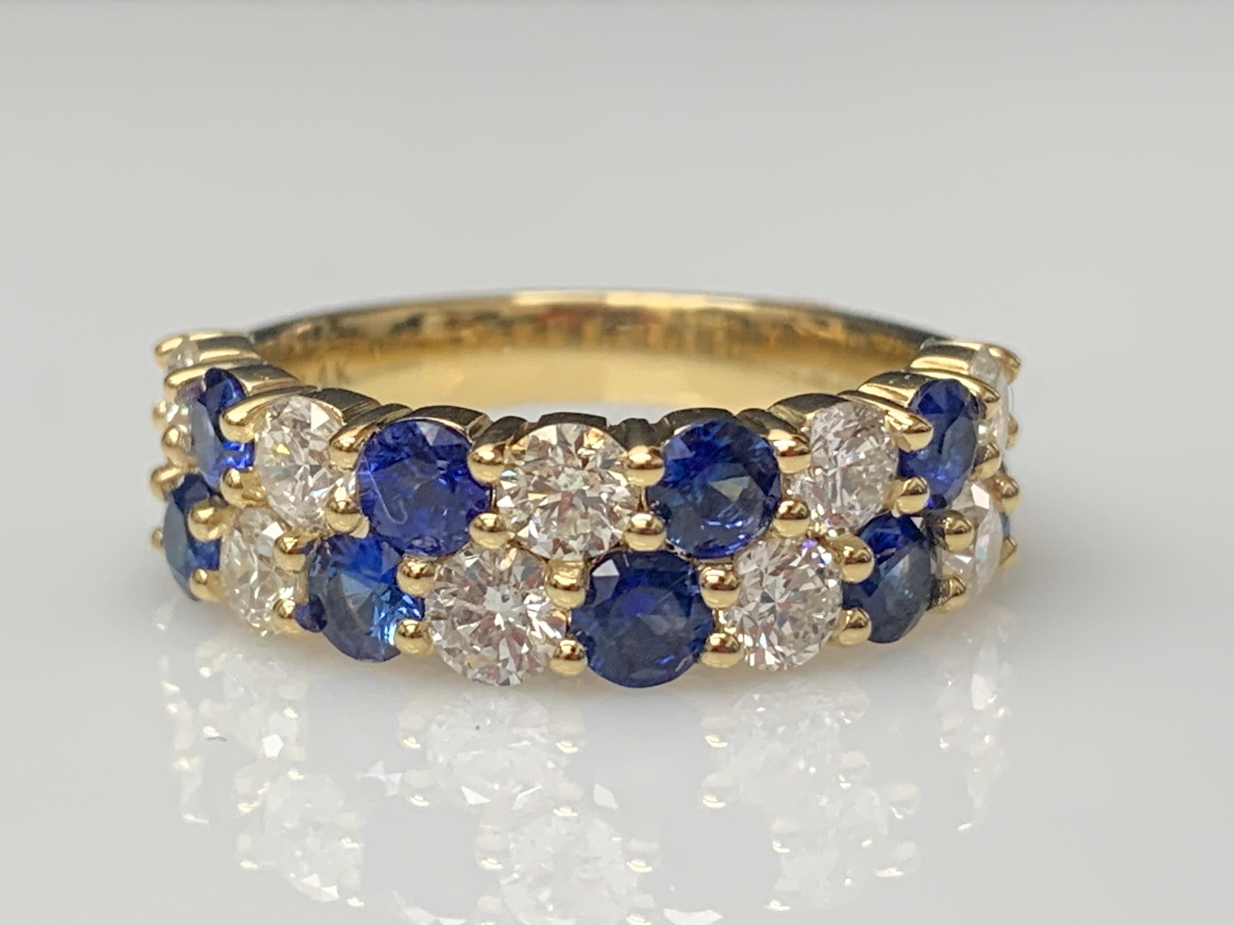 1.50 Ct Blue Sapphire and Diamond Double Row ZicZac Band Ring 14K Yellow Gold For Sale 10