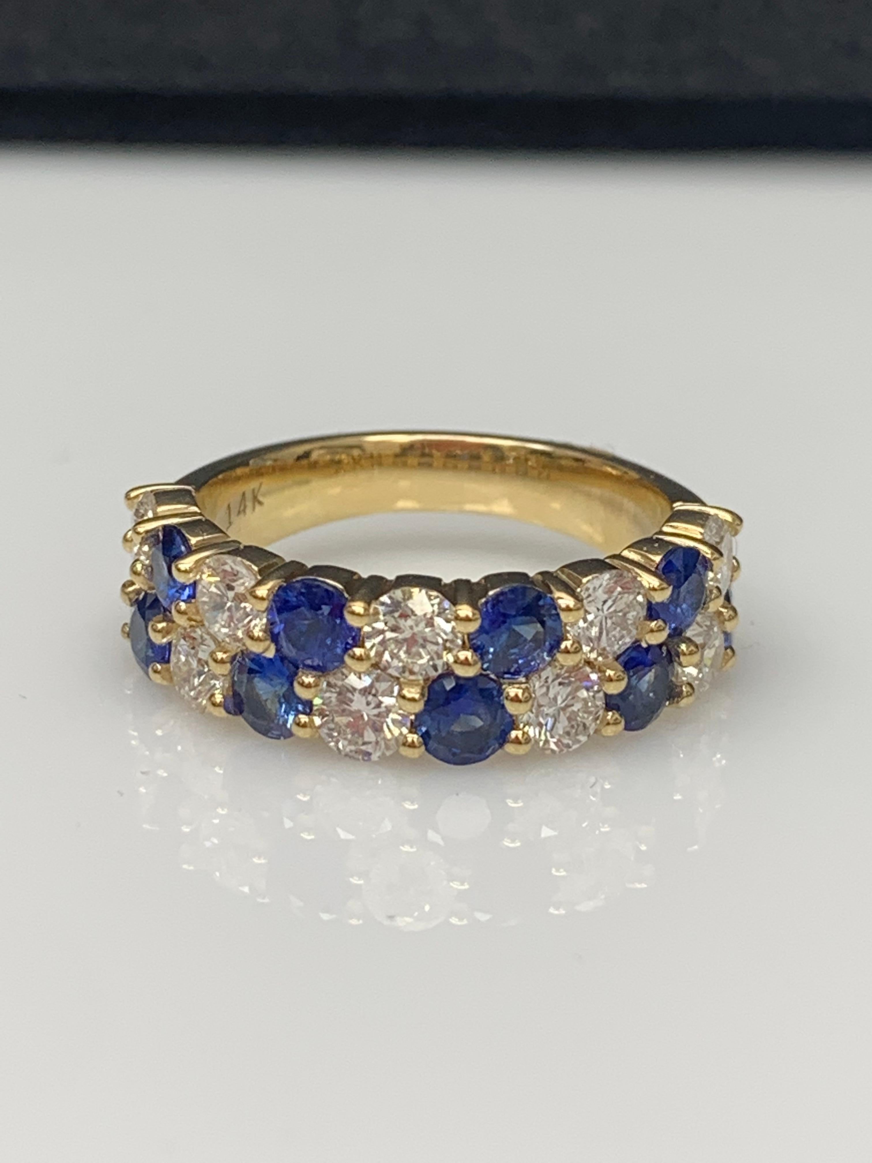 1.50 Ct Blue Sapphire and Diamond Double Row ZicZac Band Ring 14K Yellow Gold For Sale 11
