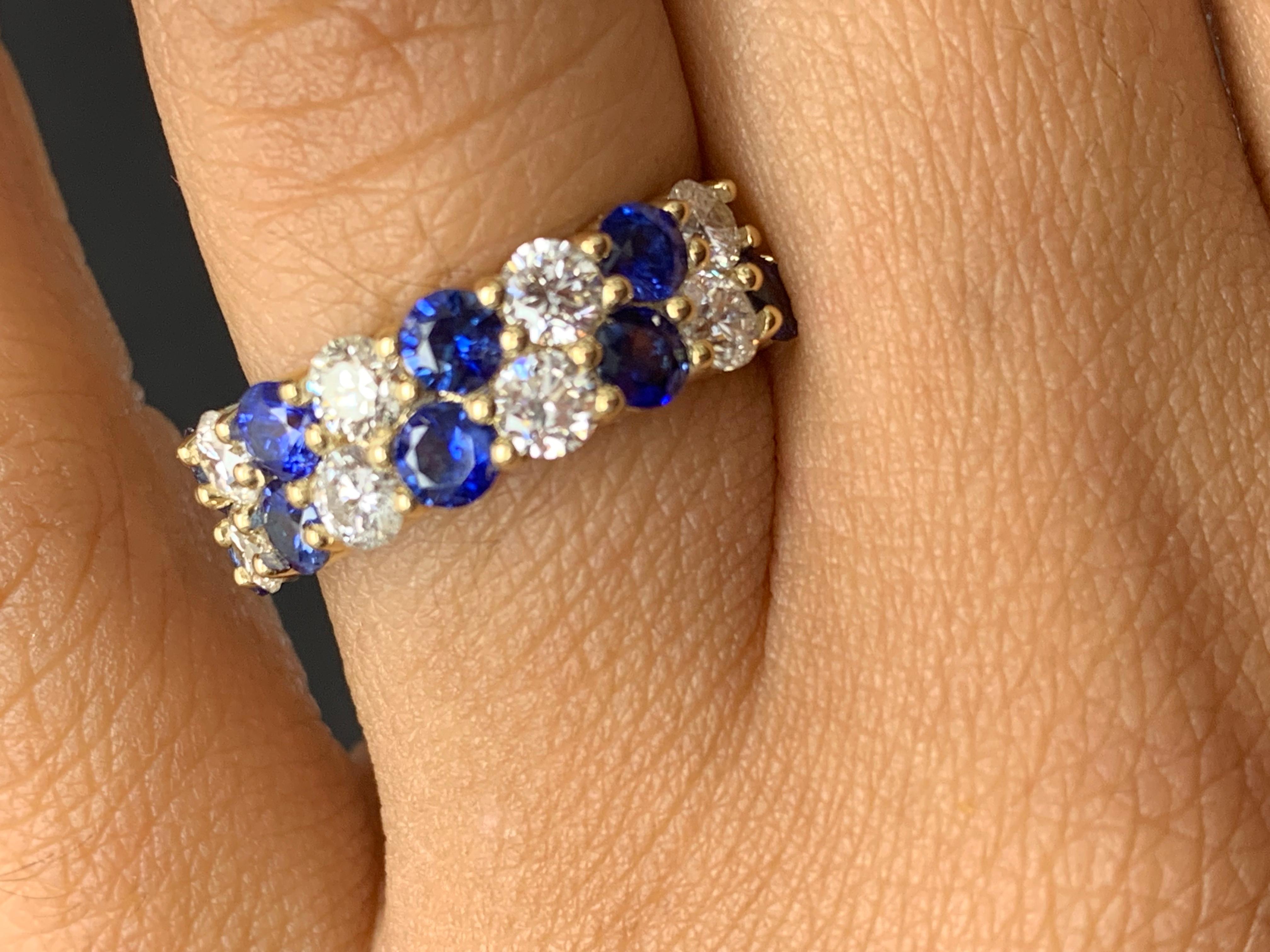 A unique and fashionable ZicZac ring showcasing two rows of round-shape 10 blue sapphires and 9 diamonds, set in a band design. Rubies weigh 1.50 carats and Diamonds weigh 1.52 carats total. A brilliant and masterfully-made piece.

Style available