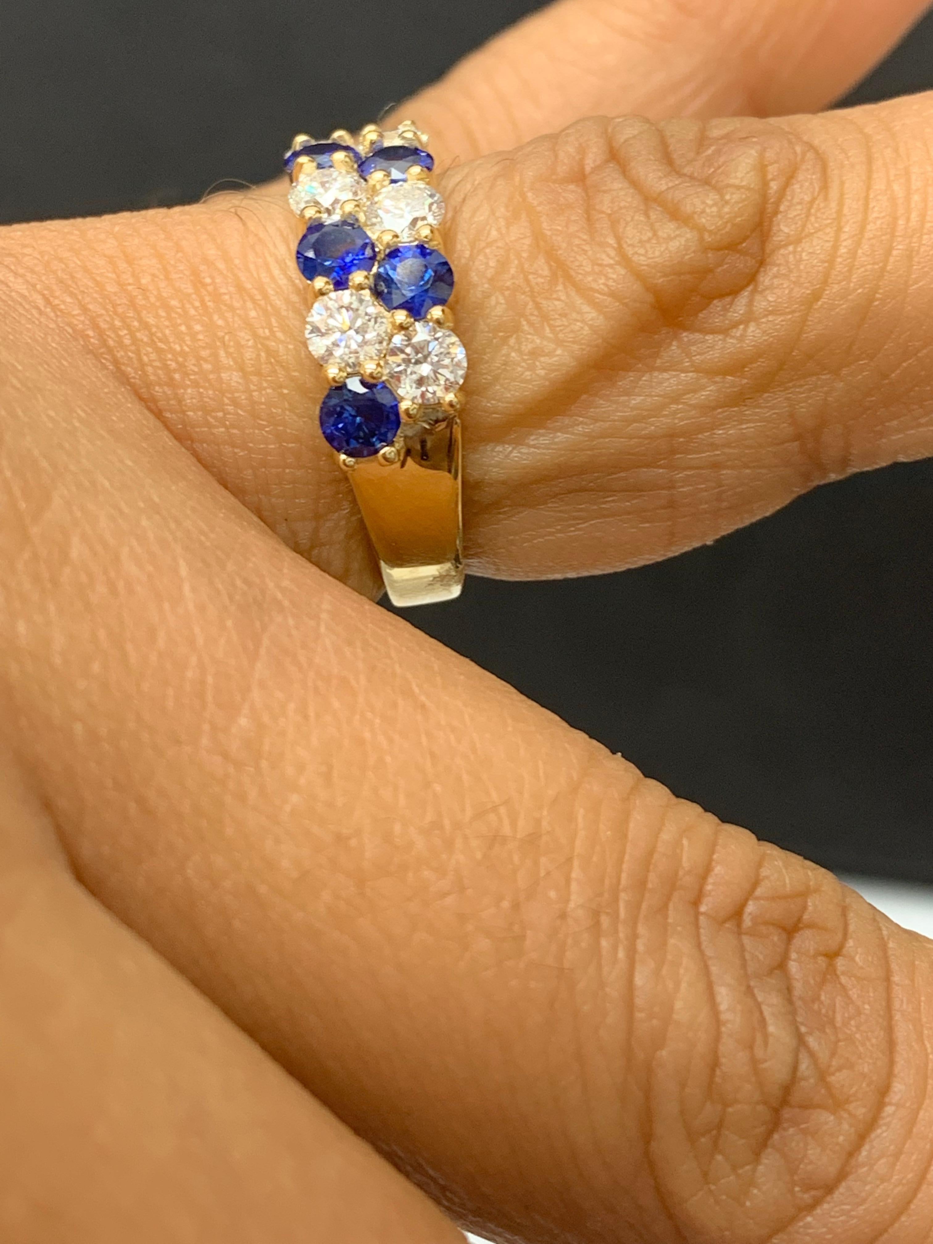 1.50 Ct Blue Sapphire and Diamond Double Row ZicZac Band Ring 14K Yellow Gold In New Condition For Sale In NEW YORK, NY