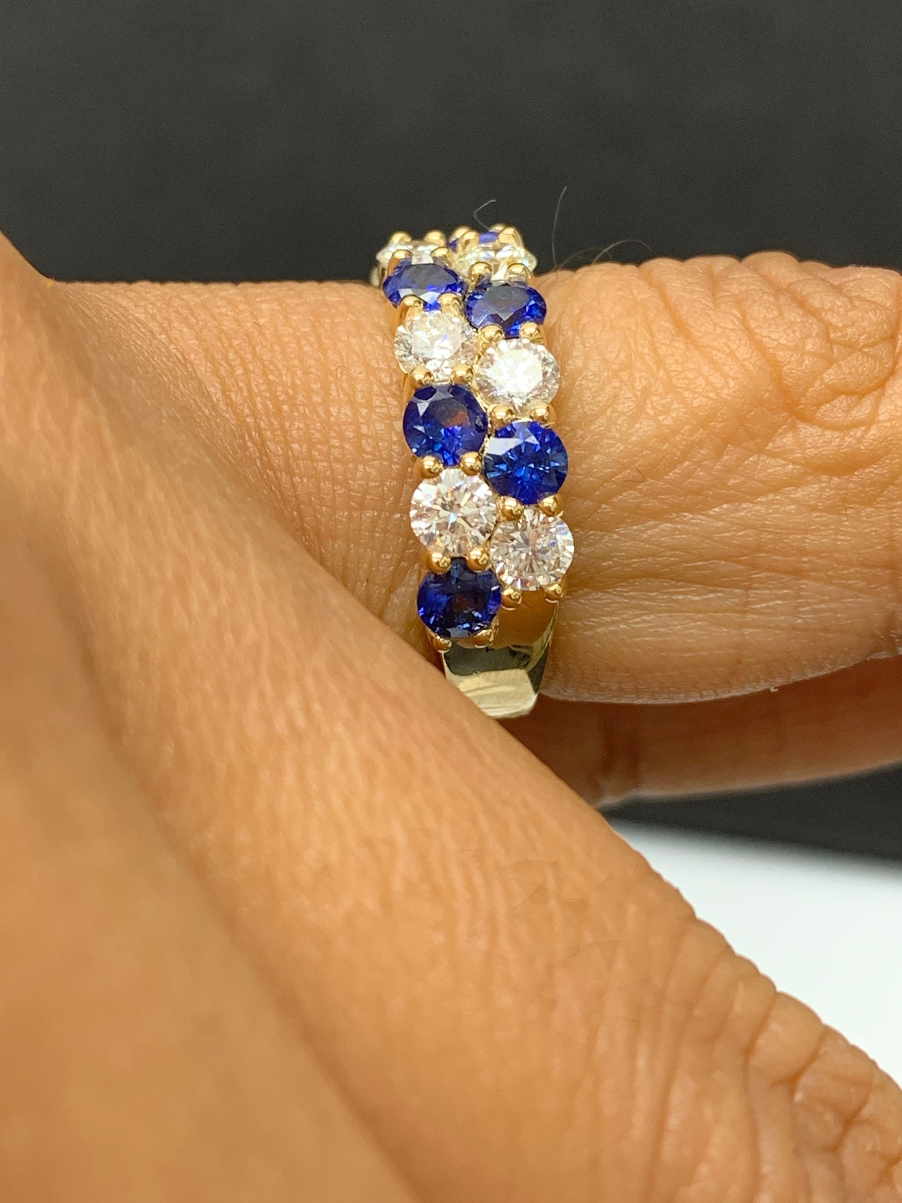 Women's 1.50 Ct Blue Sapphire and Diamond Double Row ZicZac Band Ring 14K Yellow Gold For Sale