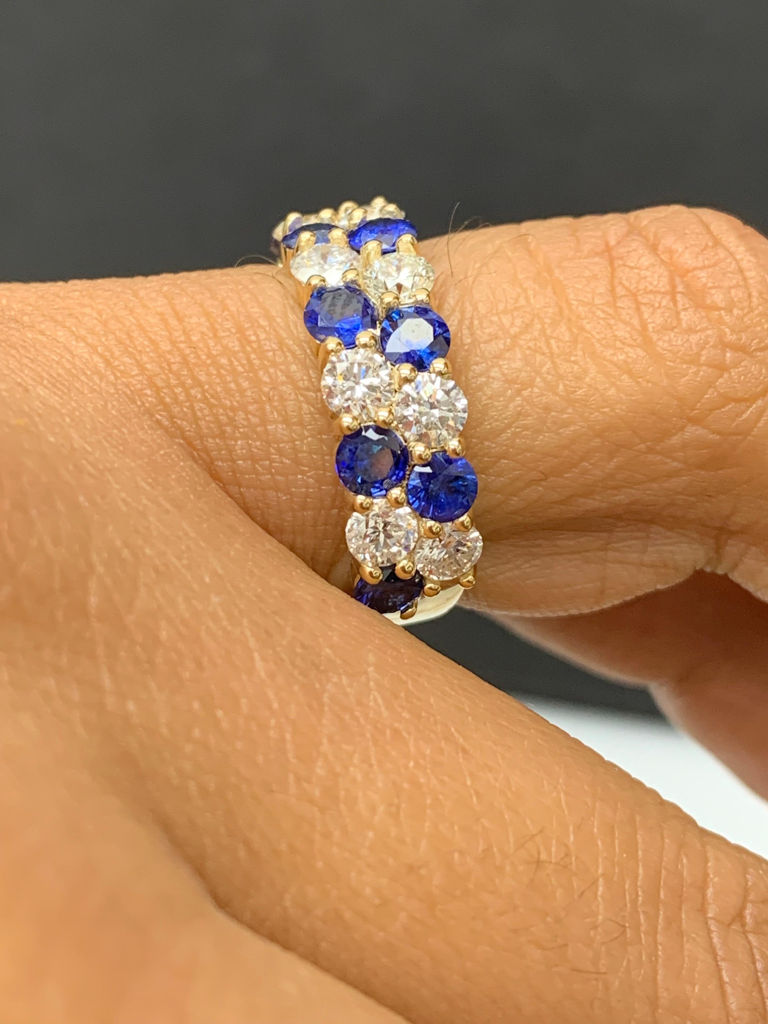 1.50 Ct Blue Sapphire and Diamond Double Row ZicZac Band Ring 14K Yellow Gold For Sale 1
