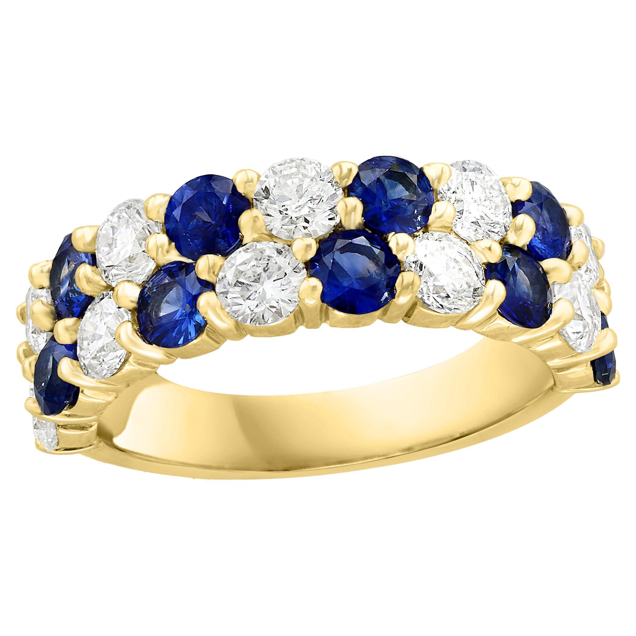 1.50 Ct Blue Sapphire and Diamond Double Row ZicZac Band Ring 14K Yellow Gold For Sale