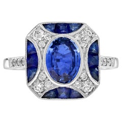 1.50 Ct. Ceylon Sapphire Diamond Art Deco Style Engagement Ring in 18K Gold