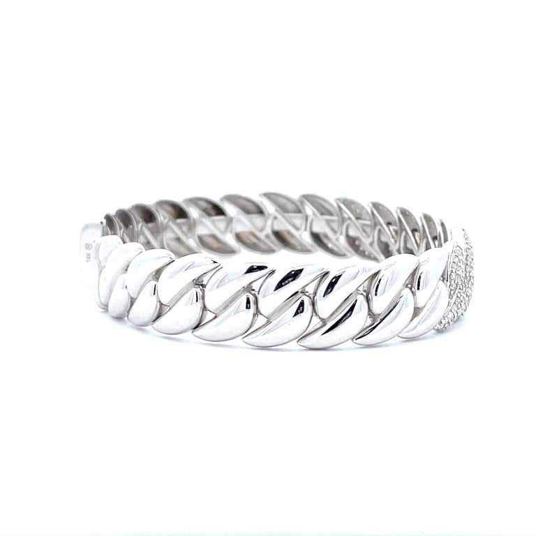 1.50 Carat Diamond Cluster Cuban Chain Link Cuff Bangle in 14k White Gold For Sale at 1stDibs