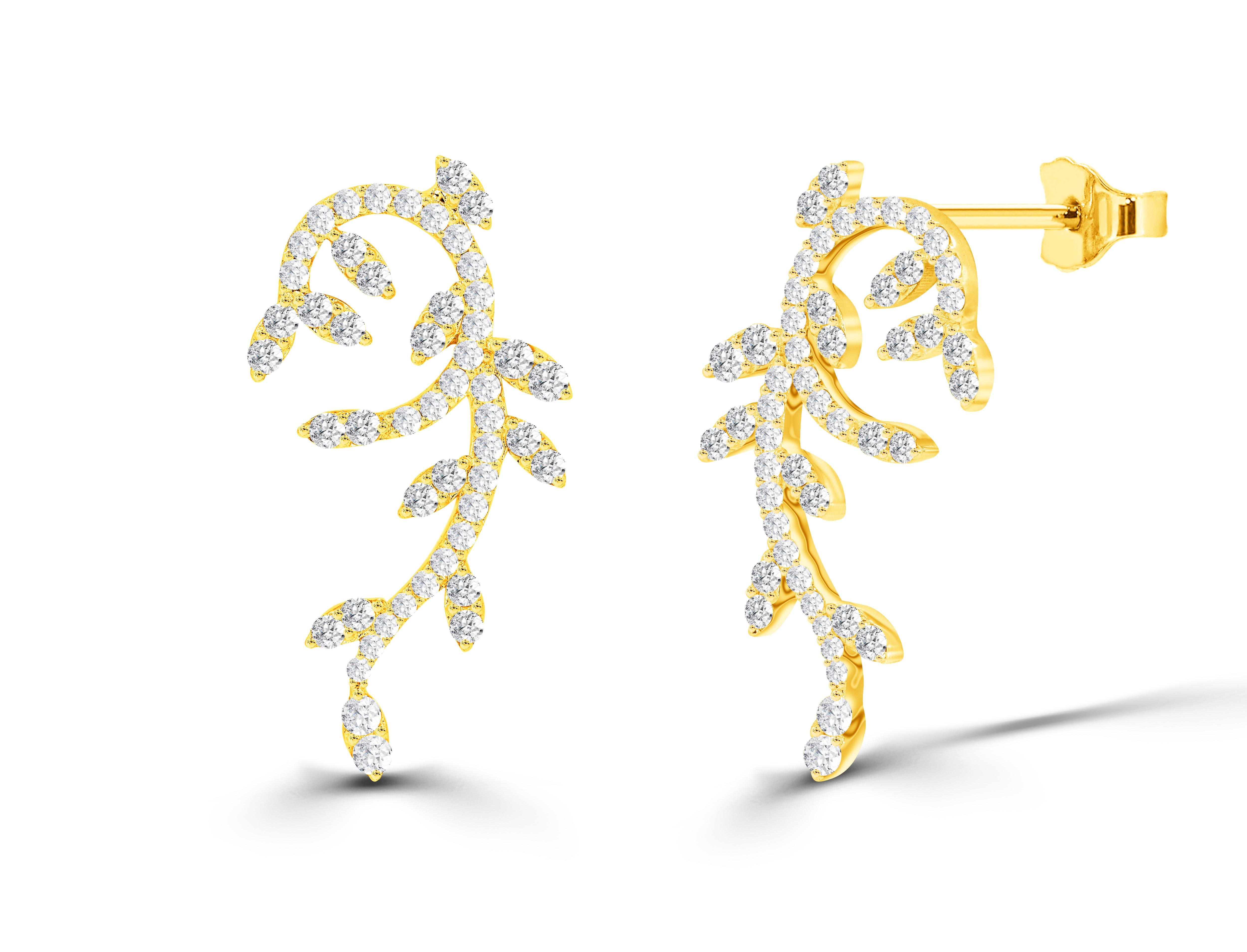 Modern 1.49ct Diamond Leaf Drop Earrings in 14k Gold For Sale