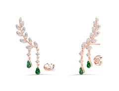 2.25ct Diamond And Emerald Leaf Drop Earrings In 14k Gold Round Cut Diamond
