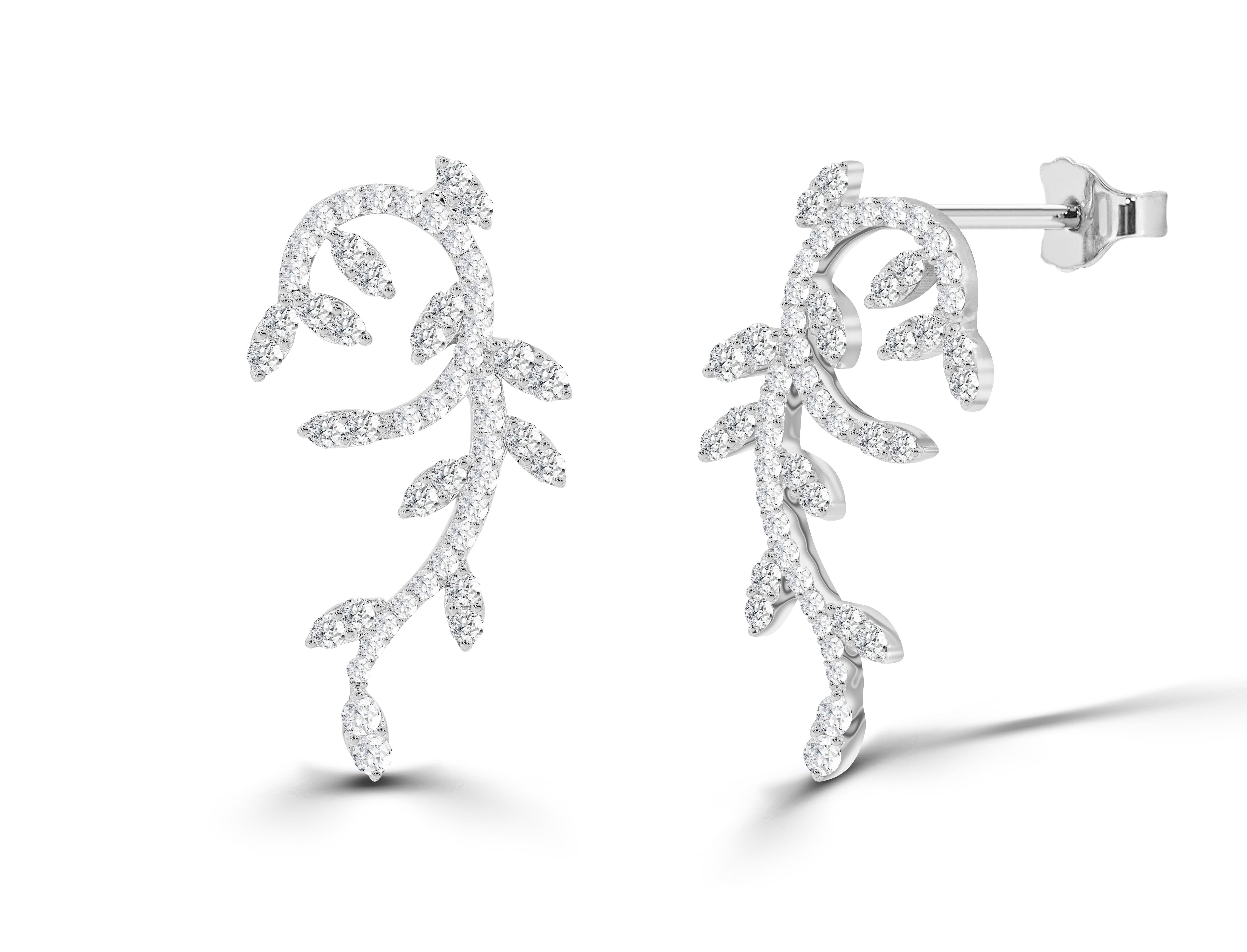 Round Cut 1.49ct Diamond Leaf Drop Earrings in 18k Gold For Sale