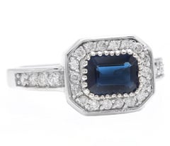 1.50 Ct Exquisite Natural Blue Sapphire and Diamond 14k Solid White Gold Ring
