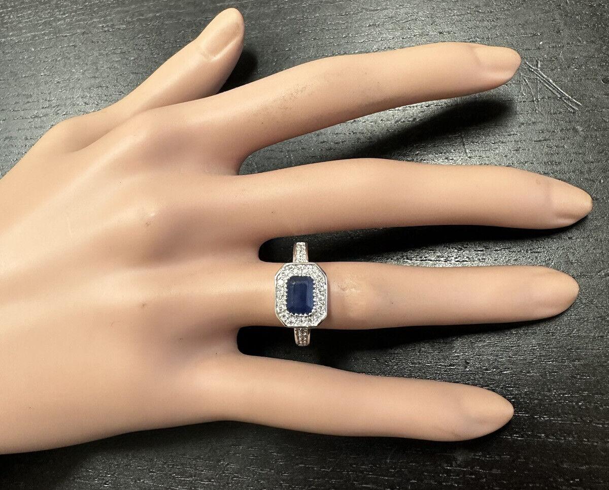 1,50 Karat Exquisite natürlicher blauer Saphir und Diamant 14K massiver Weißgold Ring Damen im Angebot