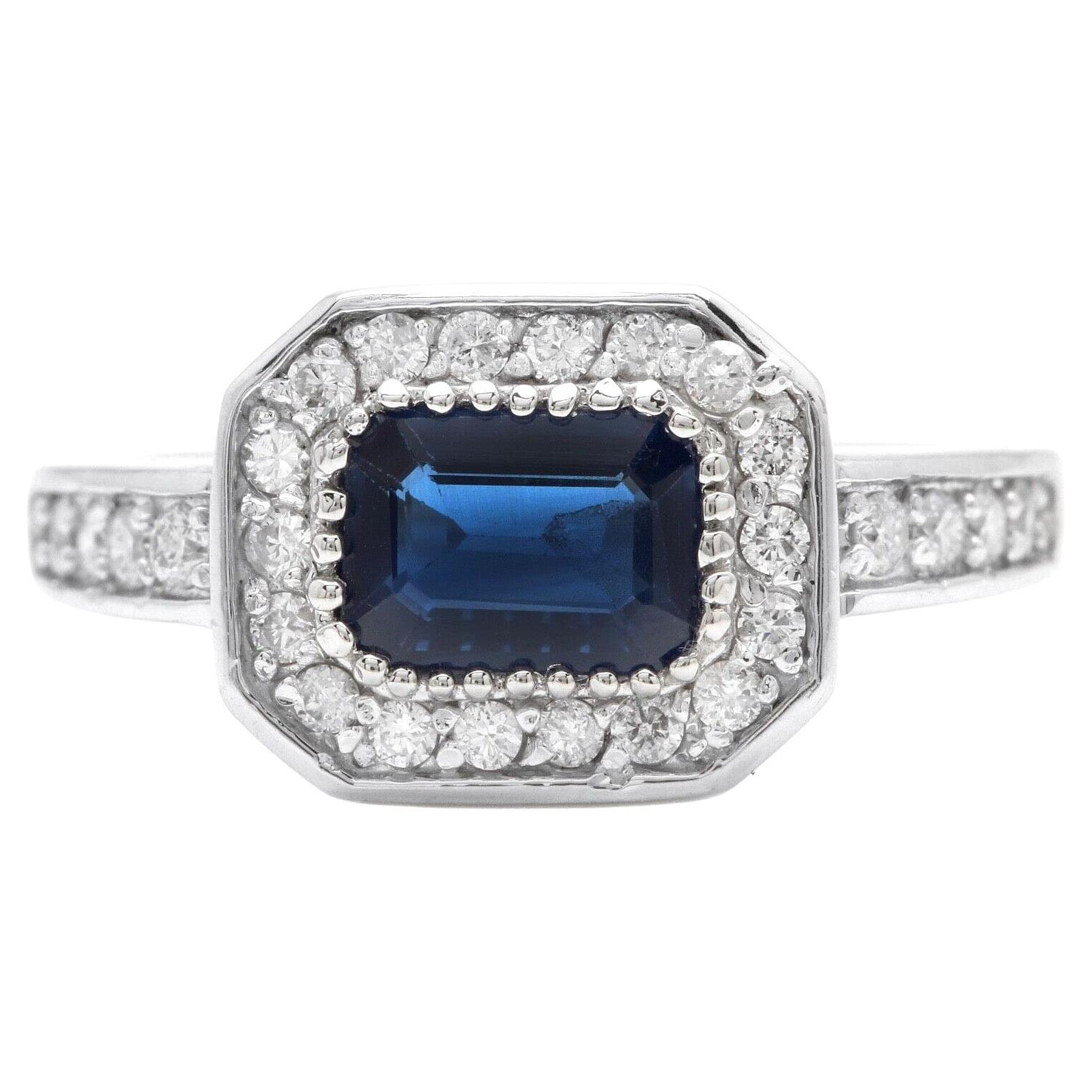 1.50 Ct Exquisite Natural Blue Sapphire and Diamond 14k Solid White Gold Ring For Sale