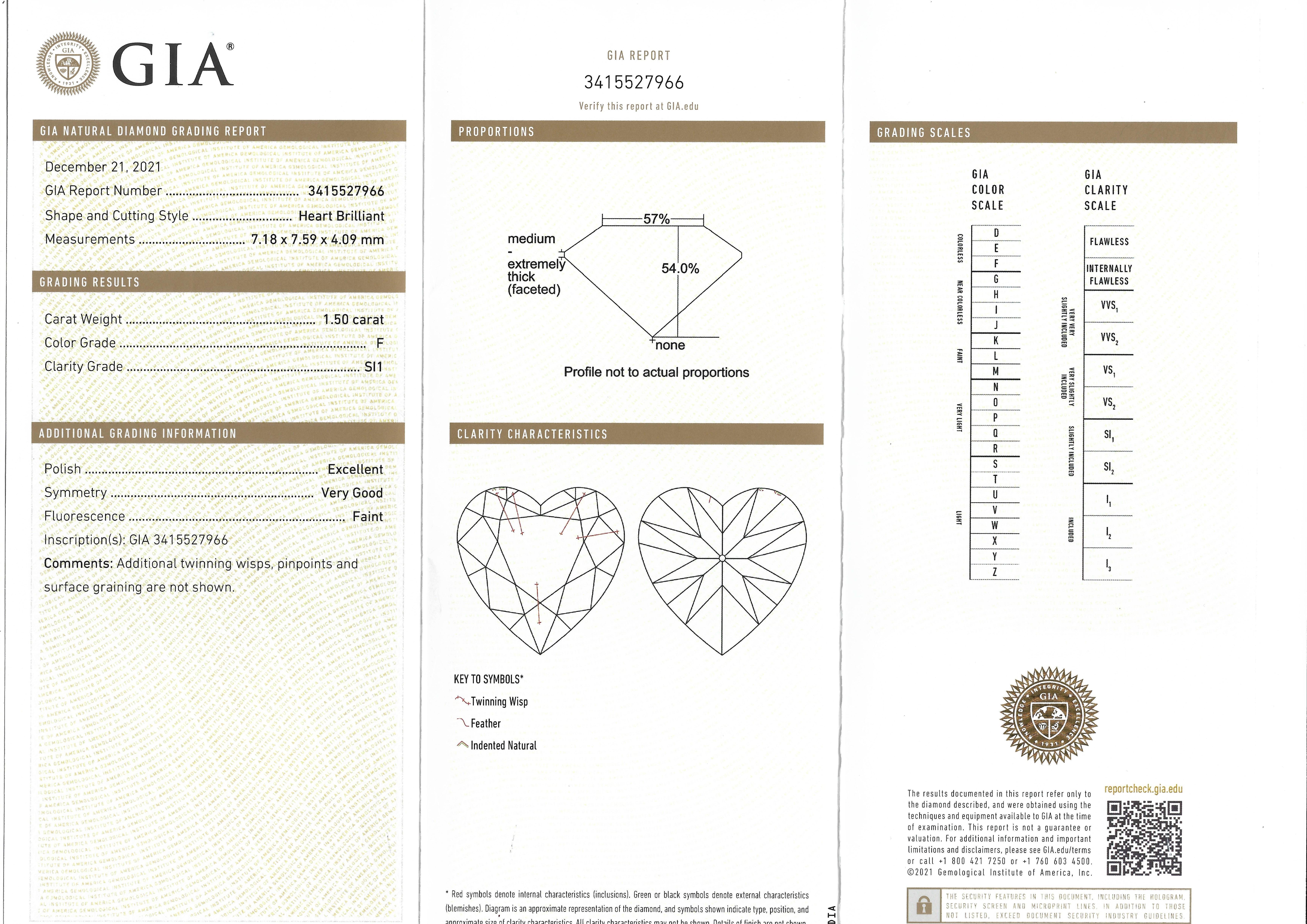Donna Anello con diamante in platino a forma di cuore da 1,50 ct con colore F GIA in vendita