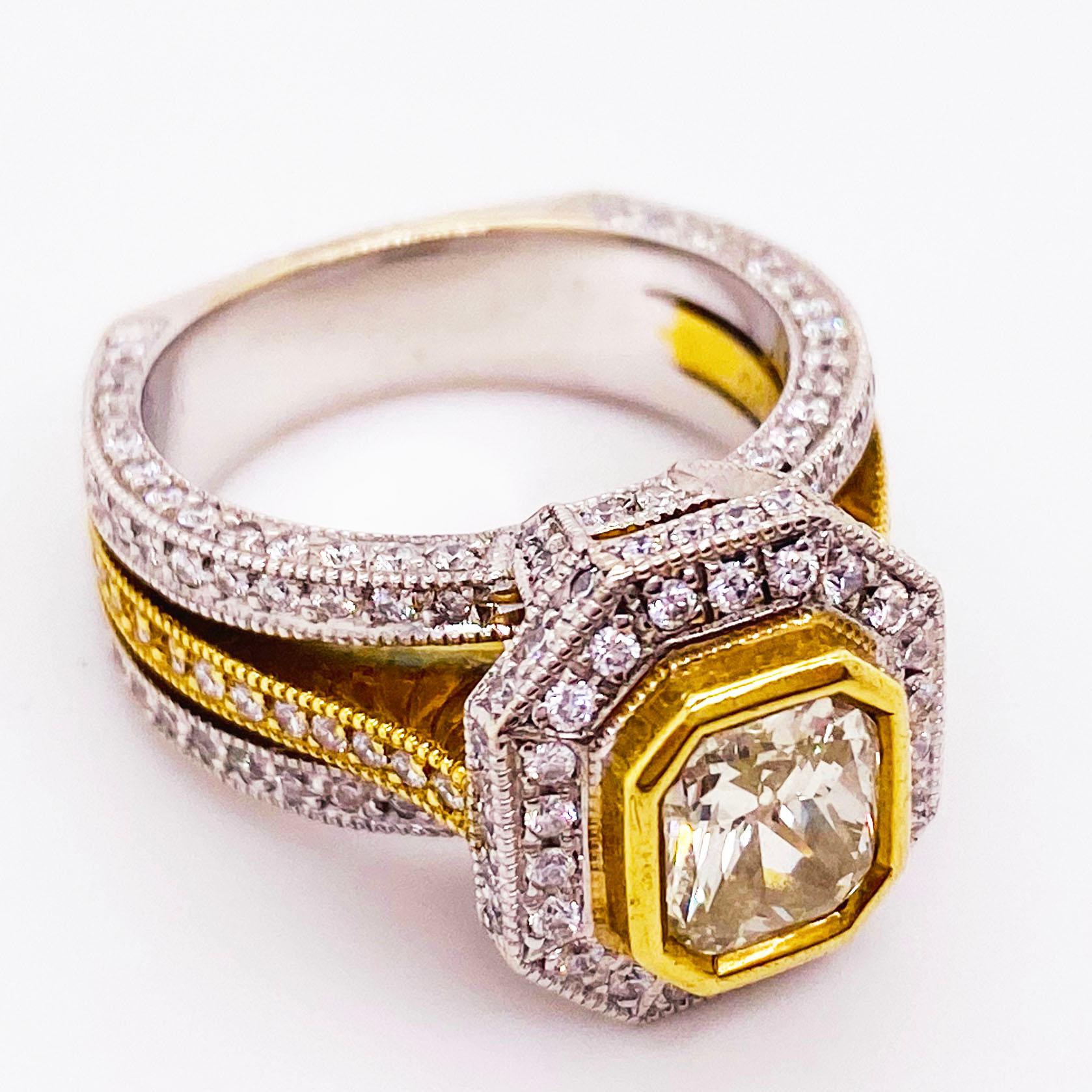 Stunning Fancy Yellow Diamond Ring! This custom piece is a one of a kind fine jewelry piece custom made with a radiant yellow diamond, white round brilliant diamonds and 18 karat gold precious metals. 
The center diamond is a Fancy Yellow Diamond