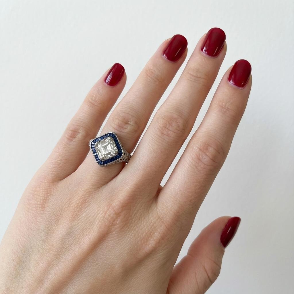 Art déco Bague en or blanc 14k de 1,50 ct certifiée GIA, diamant asscher et saphir en vente