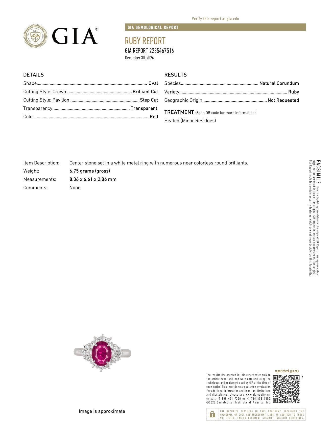 1,50 CT. Ovaler roter Rubin GIA zertifiziert in Platin Diamant Ring im Angebot 5