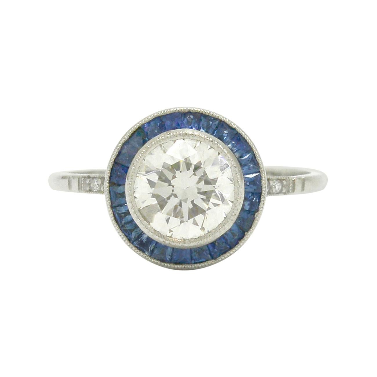 1.50 Ct Round Diamond Engagement Ring Art Deco Style Solitaire Sapphire Halo