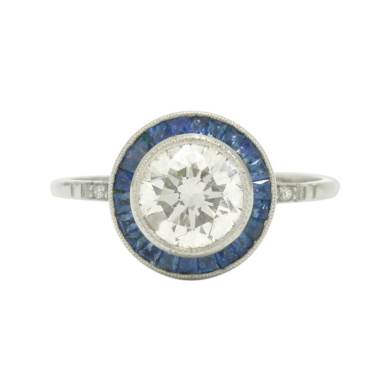 1.50 Ct Round Diamond Engagement Ring Art Deco Style Solitaire Sapphire  Halo For Sale at 1stDibs
