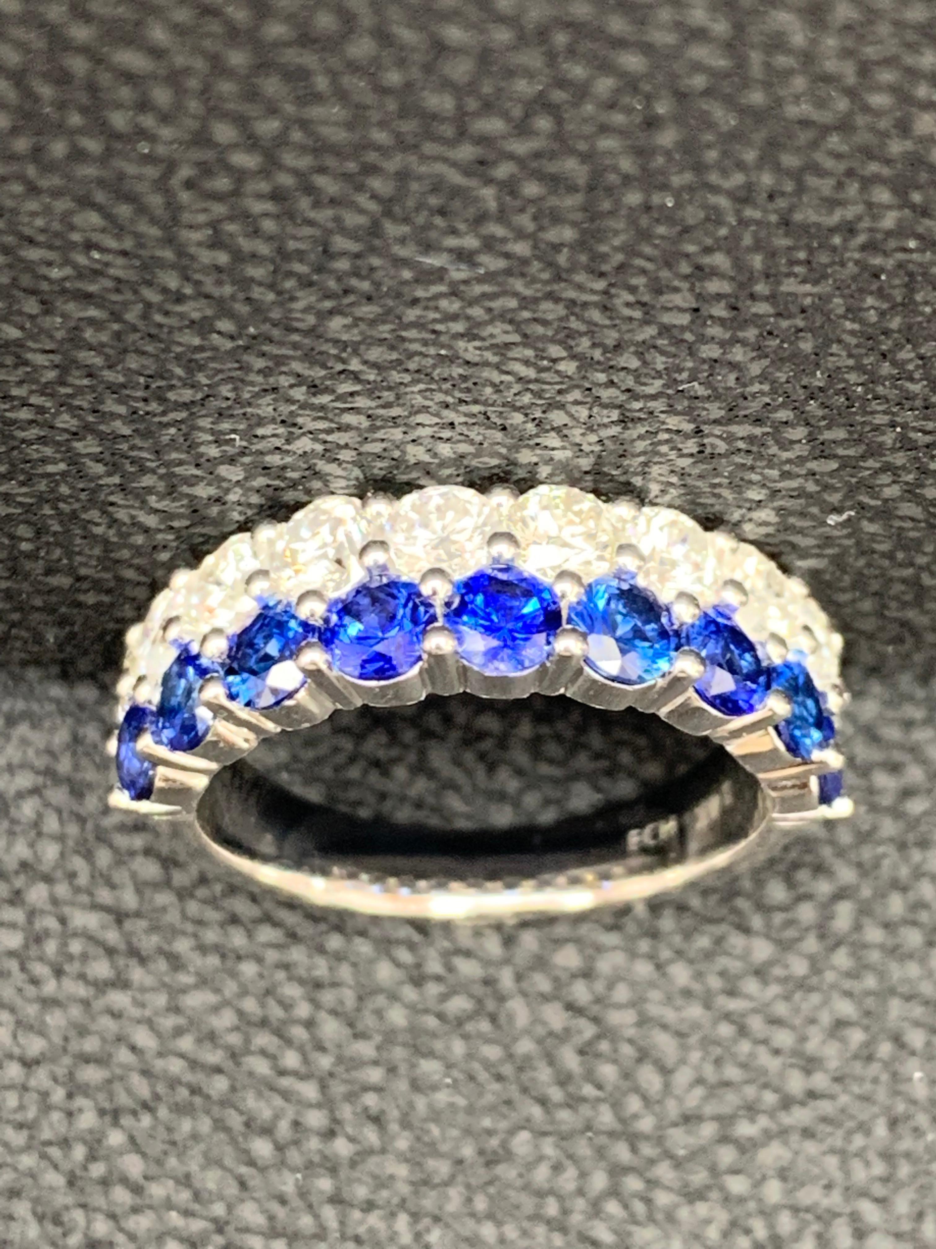 1.50 Ct Round Shape Sapphire and Diamond Double Row Band Ring in 14K White Gold For Sale 5