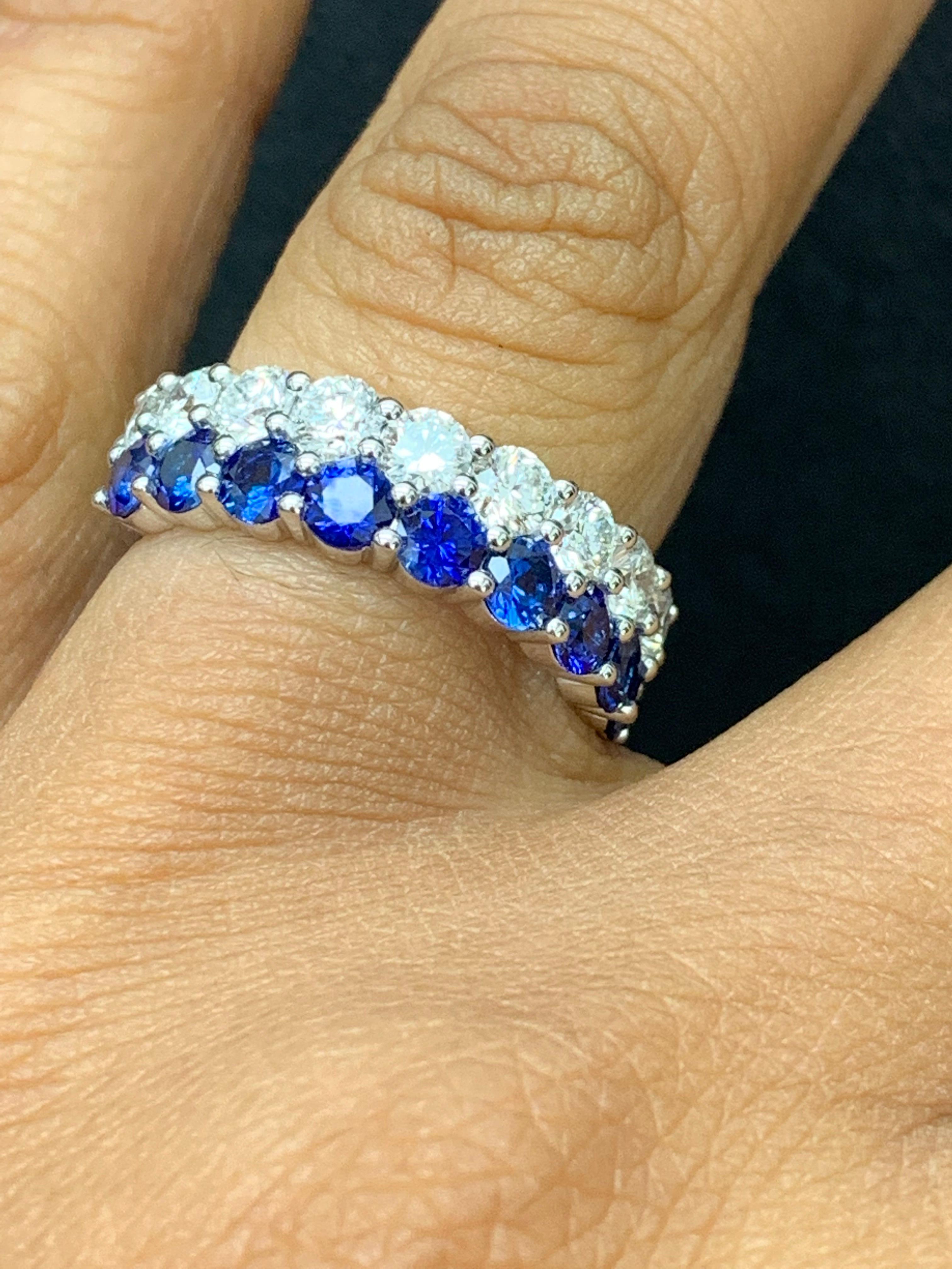 Modern 1.50 Ct Round Shape Sapphire and Diamond Double Row Band Ring in 14K White Gold For Sale