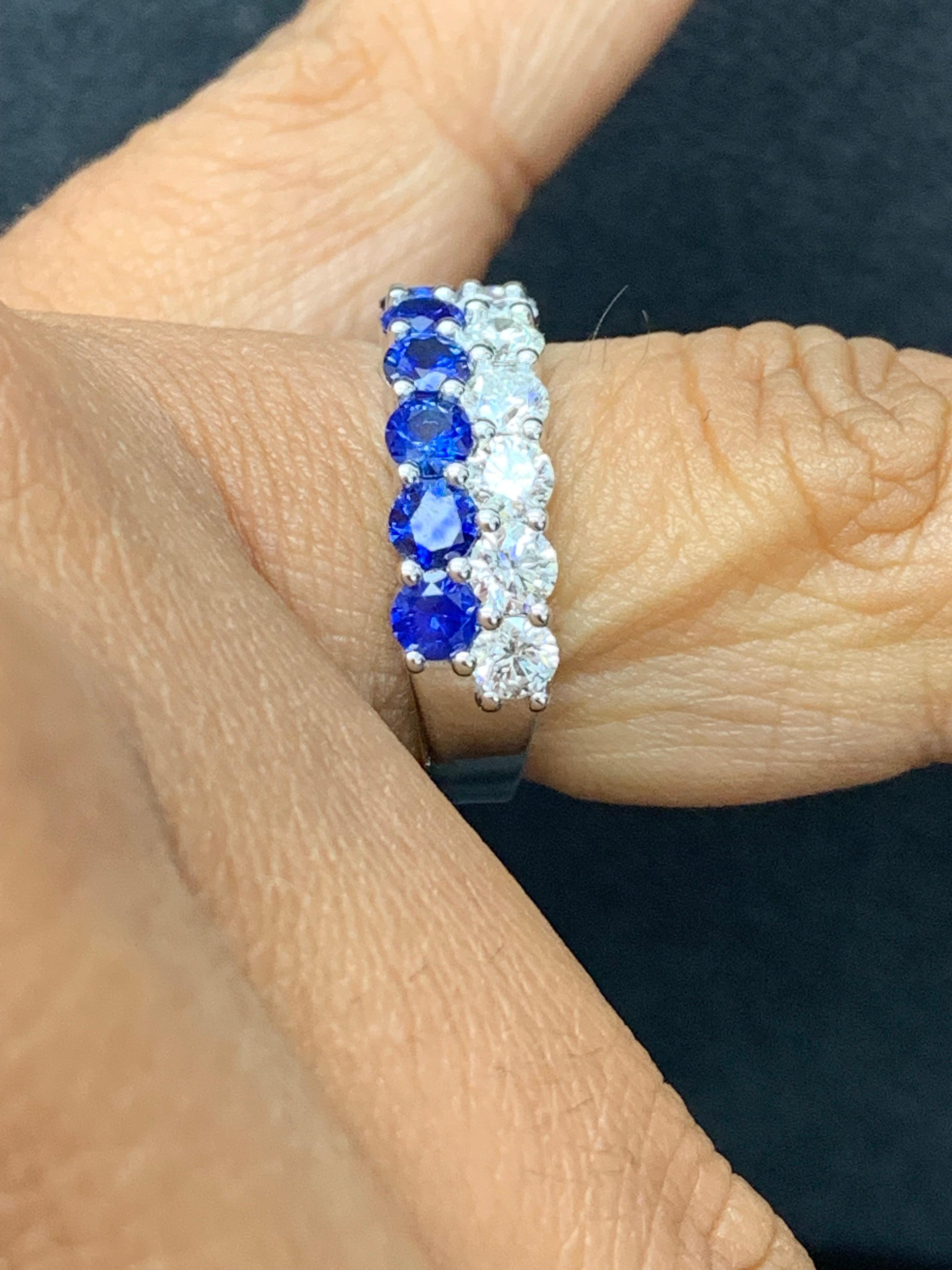 Round Cut 1.50 Ct Round Shape Sapphire and Diamond Double Row Band Ring in 14K White Gold For Sale