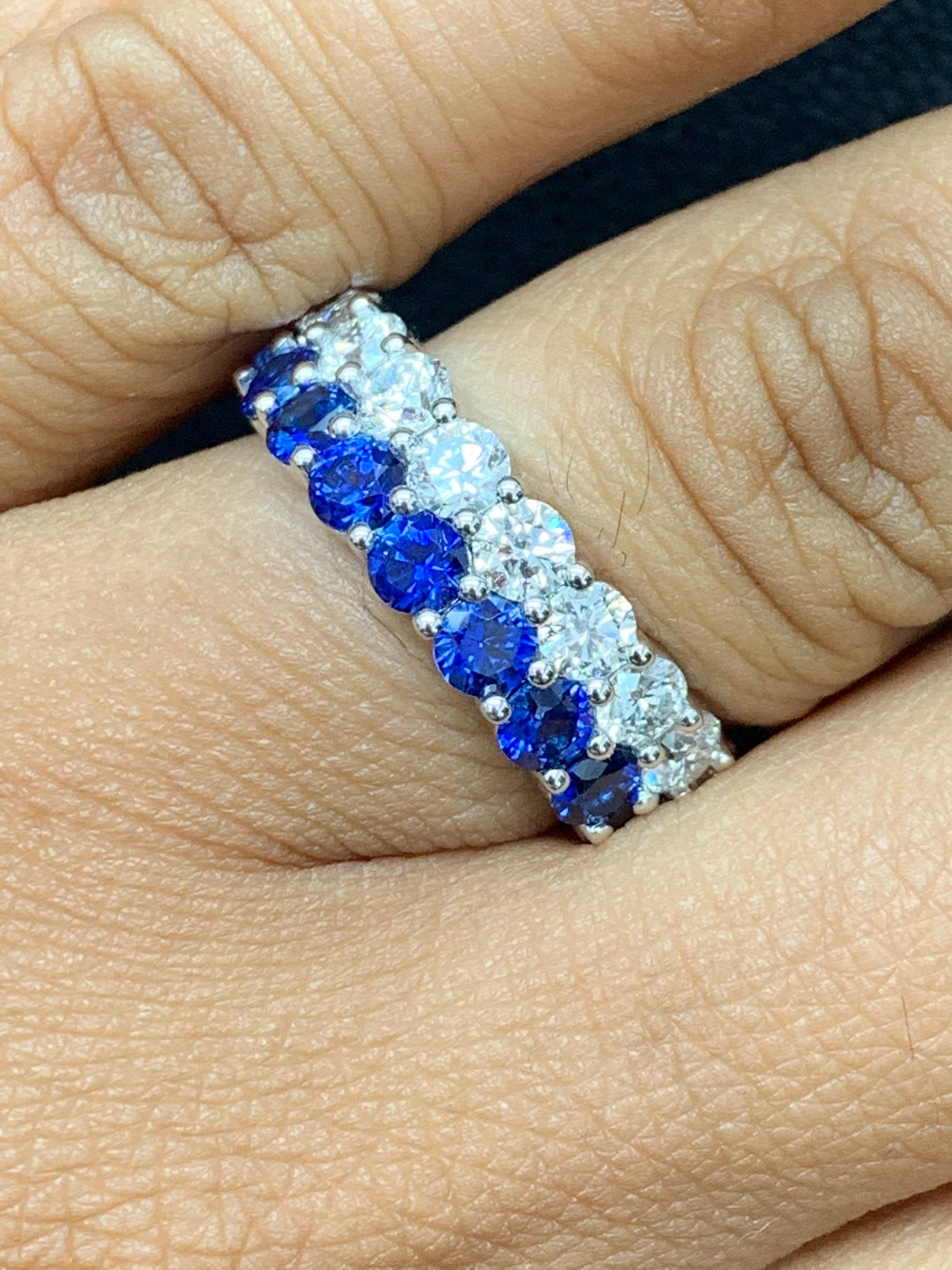 1.50 Ct Round Shape Sapphire and Diamond Double Row Band Ring in 14K White Gold In New Condition For Sale In NEW YORK, NY