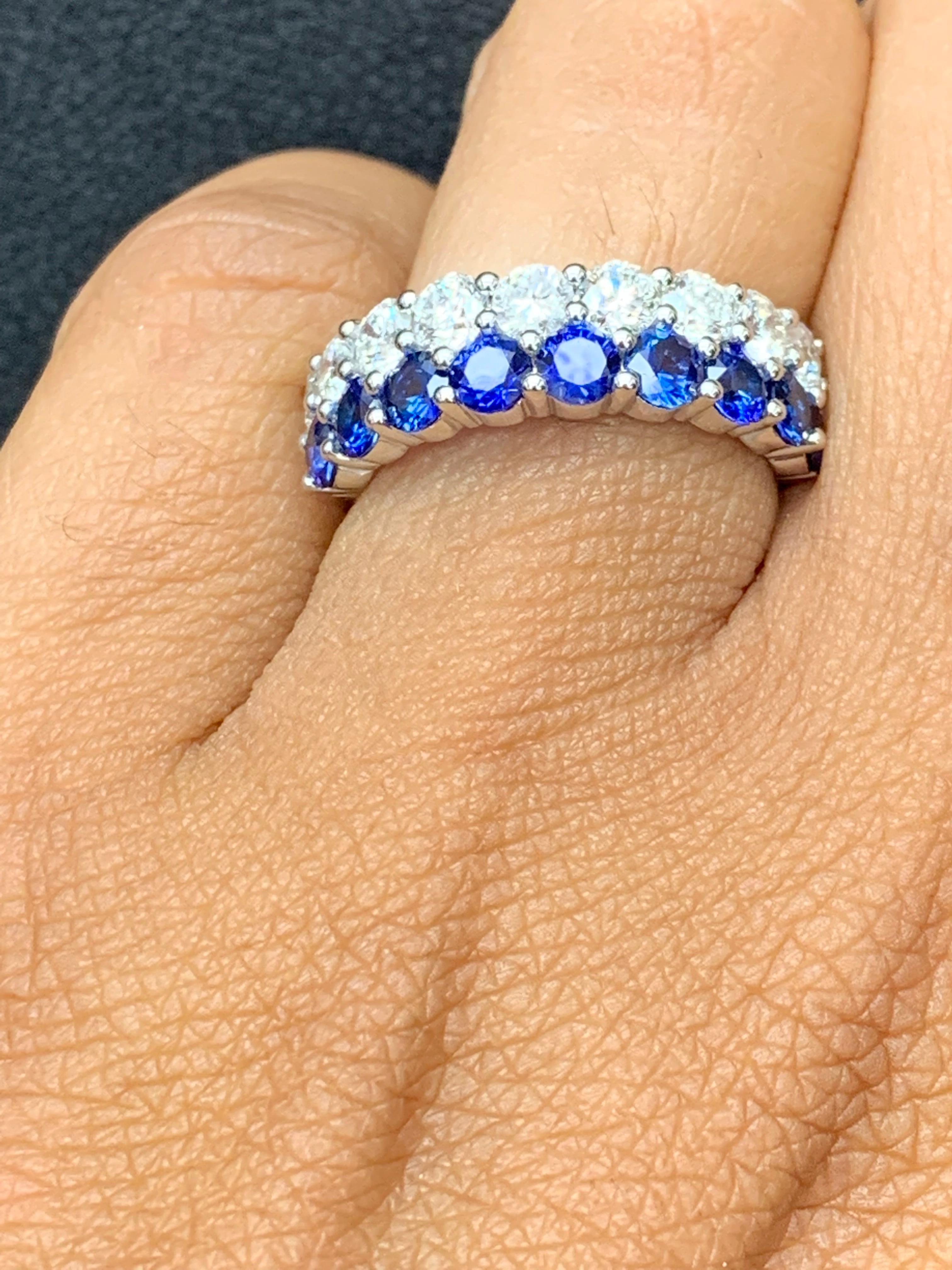 1.50 Ct Round Shape Sapphire and Diamond Double Row Band Ring in 14K White Gold For Sale 1