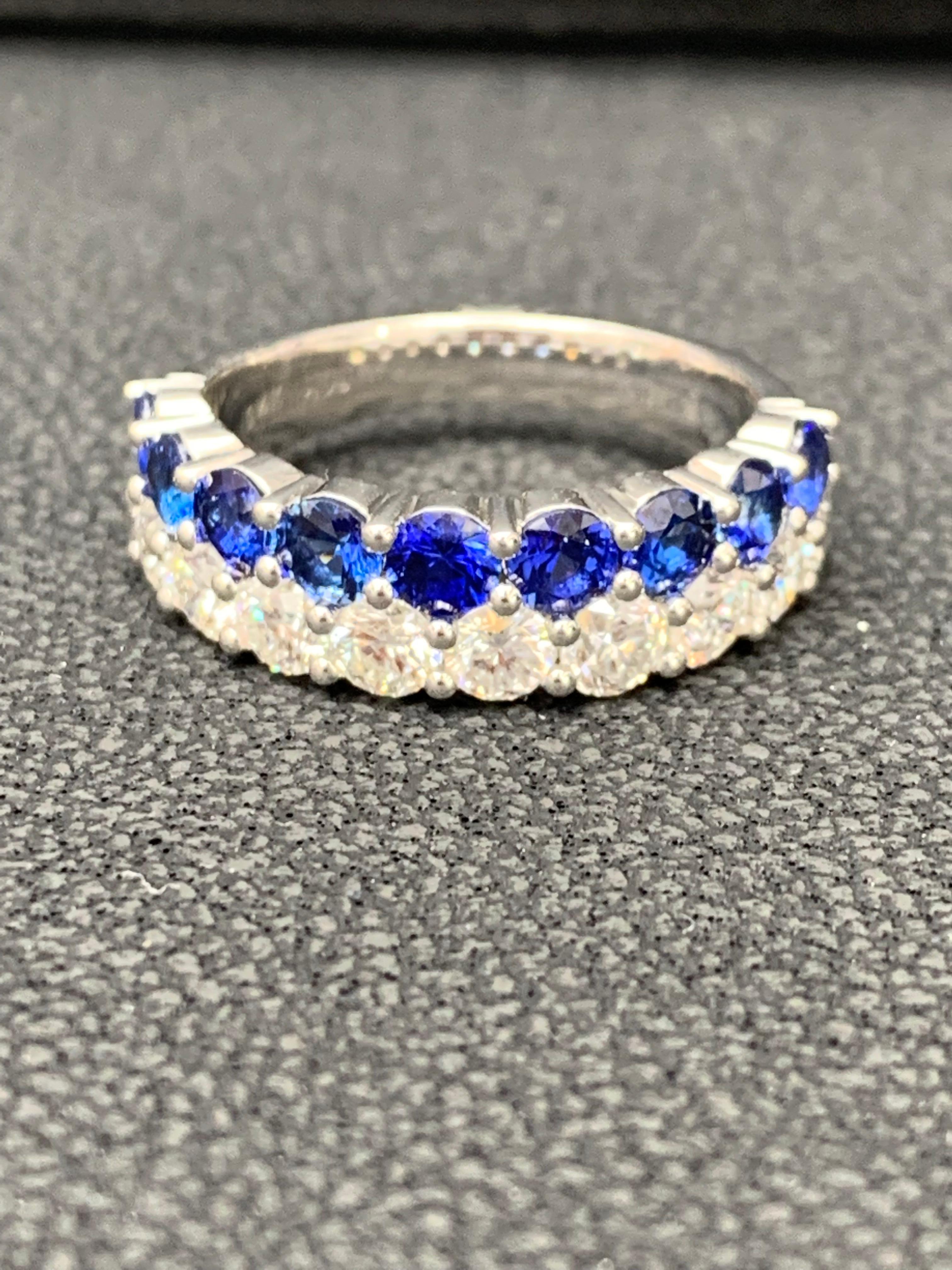 1.50 Ct Round Shape Sapphire and Diamond Double Row Band Ring in 14K White Gold For Sale 2