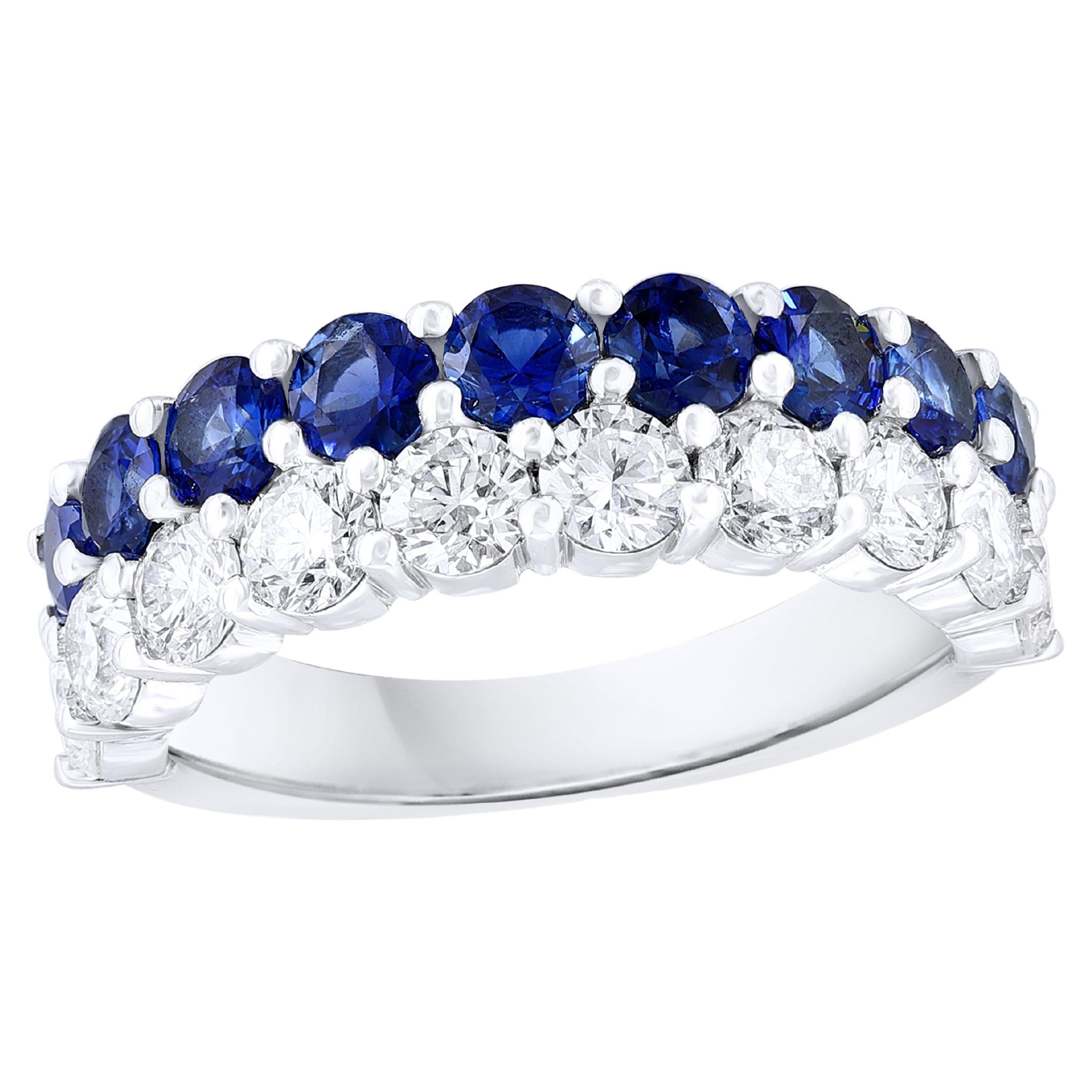 1.50 Ct Round Shape Sapphire and Diamond Double Row Band Ring in 14K White Gold For Sale